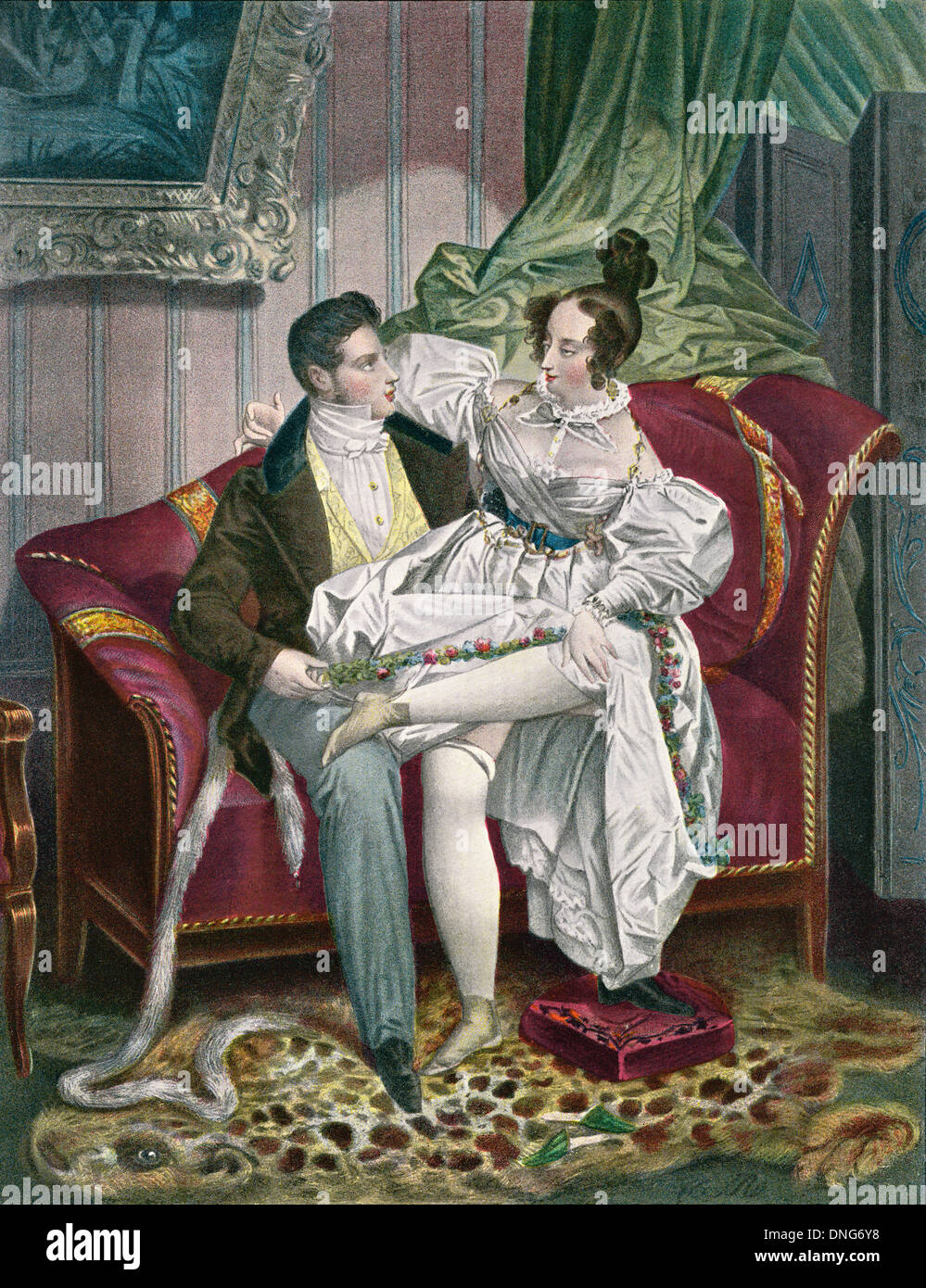 19. Jahrhundert-Liebhaber in einem Salon. Stockfoto