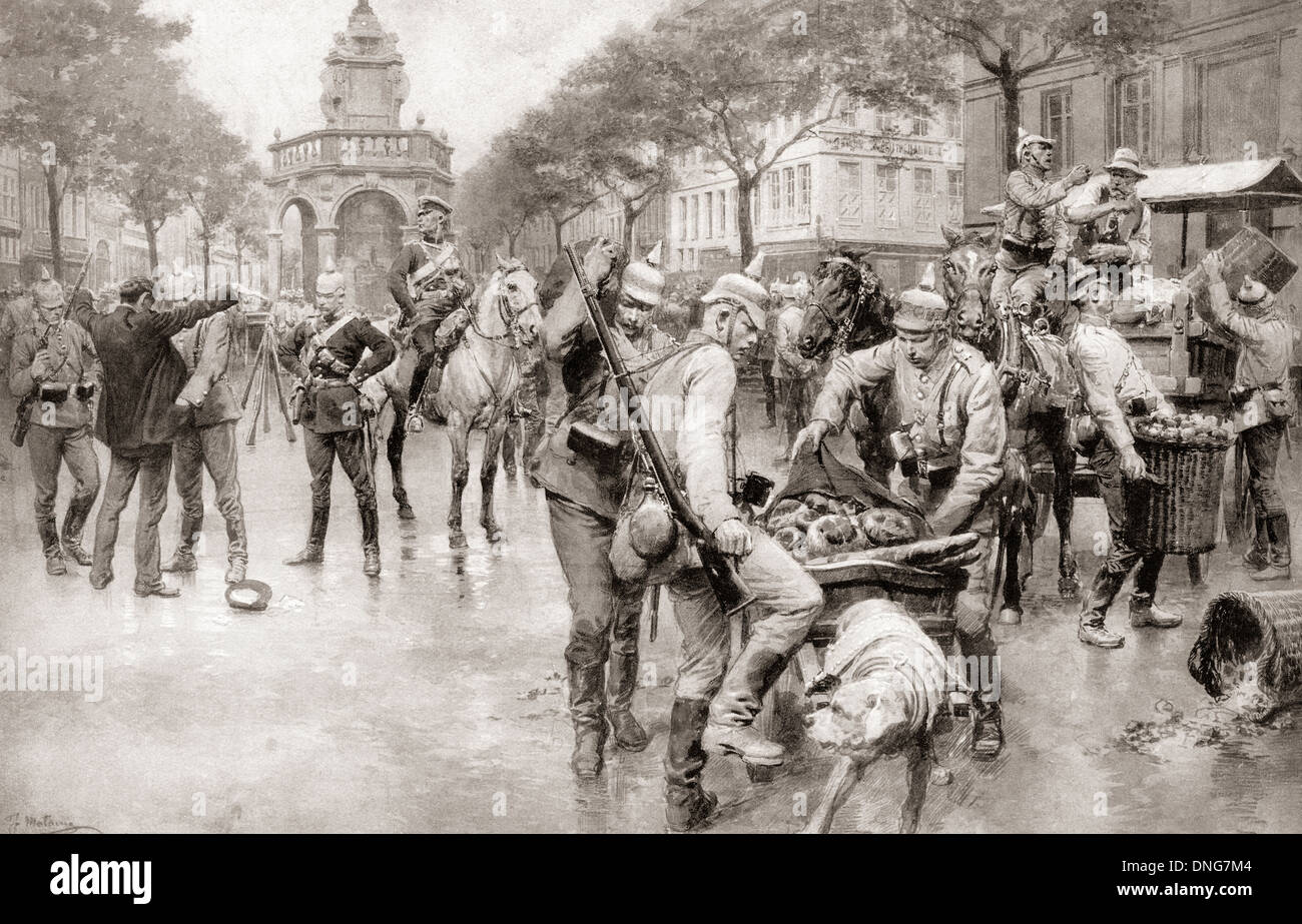 Deutsche Truppen dringend benötigte Brot in die Place du Marché, Lüttich, nach der Besetzung der Stadtzentrums im August 1914 überladen. Stockfoto