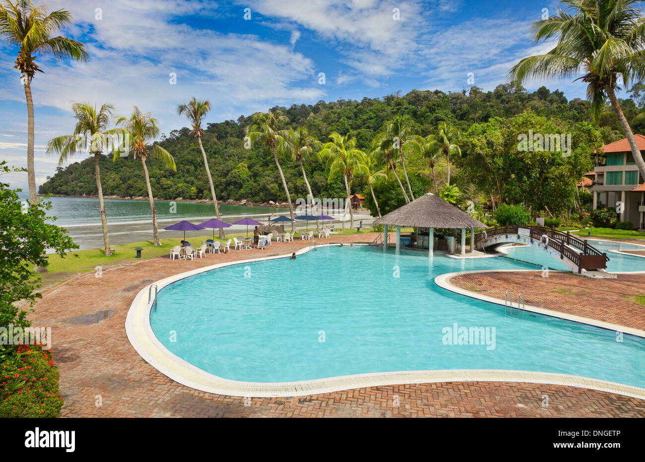 Pangkor Island, Malaysia, Ferienanlage, Swimming Pool, Palmen Stockfoto