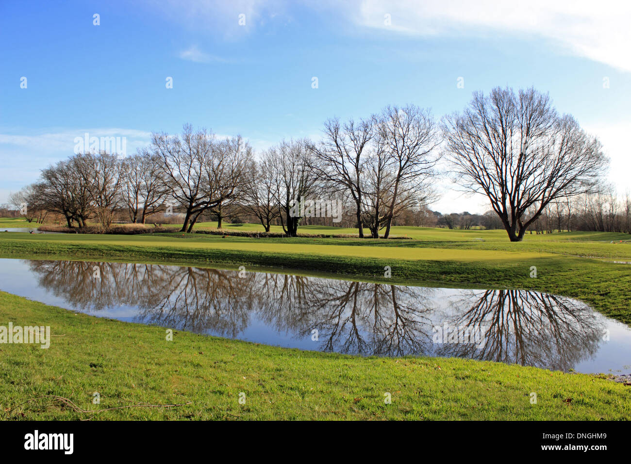 Wisley Golfplatz, Surrey, England, UK. 28. Dezember 2013. Nach den Stürmen in ganz Großbritannien über Weihnachten war Samstag ein ruhiger und sonniger Tag in Surrey. Jedoch gab es einige neue "Wasserhindernisse" auf Wisley Golf Course, der nach einer Kombination von sintflutartigen Regen schließen musste und der Fluss Wey die Ufer ließ viele Teile des Platzes unter Wasser. Bildnachweis: Julia Gavin/Alamy Live-Nachrichten Stockfoto