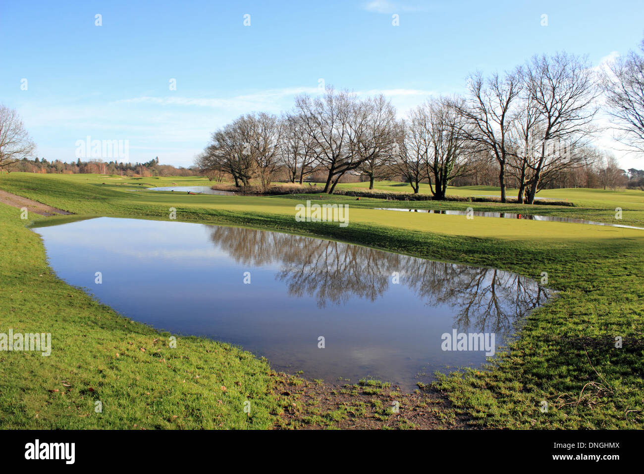 Wisley Golfplatz, Surrey, England, UK. 28. Dezember 2013. Nach den Stürmen in ganz Großbritannien über Weihnachten war Samstag ein ruhiger und sonniger Tag in Surrey. Jedoch gab es einige neue "Wasserhindernisse" auf Wisley Golf Course, der nach einer Kombination von sintflutartigen Regen schließen musste und der Fluss Wey die Ufer ließ viele Teile des Platzes unter Wasser. Bildnachweis: Julia Gavin/Alamy Live-Nachrichten Stockfoto