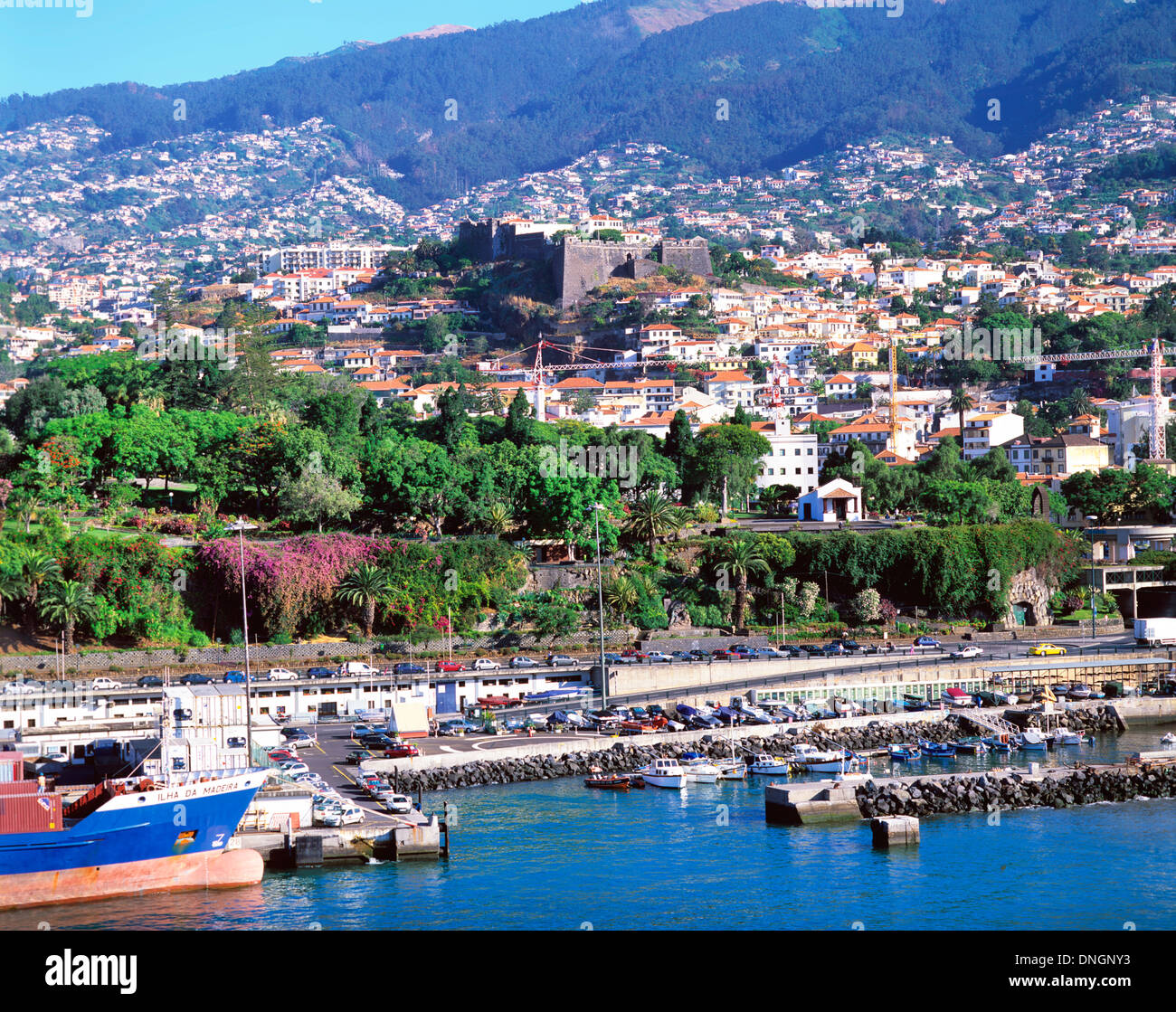 Blick auf Funchal mit Hafen und Stadtbild, Funchal, Madeira, Portugal Stockfoto