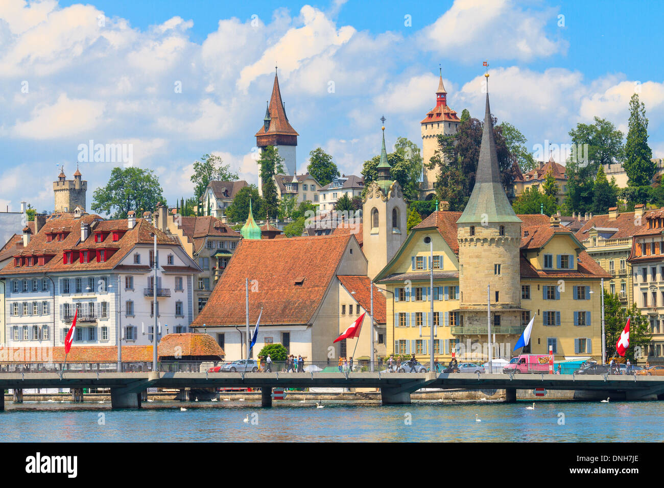 Blick auf die Stadt Luzern mit Fluss Reuss, Schweiz Stockfoto
