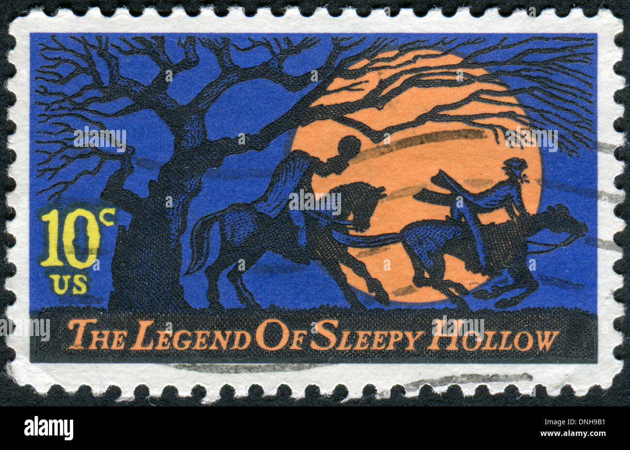 Legende von Sleepy Hollow von Washington Irving. Ausrüstungsbeschreibungen kopflose Reiter verfolgt Ichabod Crane Stockfoto