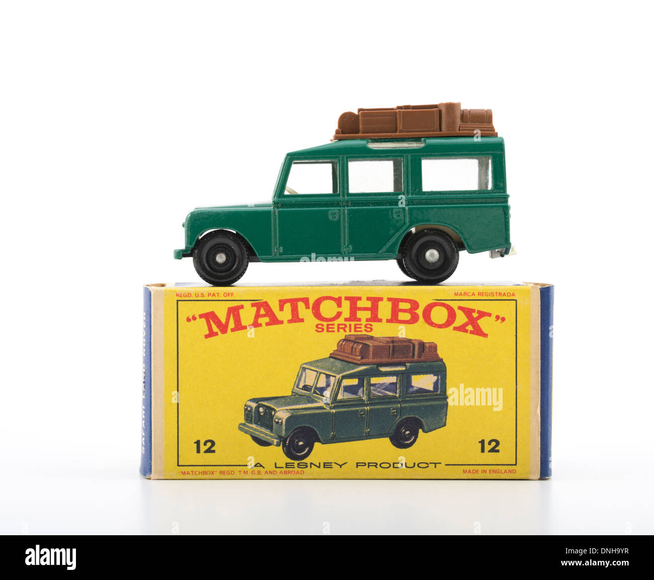 Matchbox-Druckguss Spielzeug-Autos - #12 Land Rover Safari by Lesney Produkte Großbritannien ab 1953 produziert. Stockfoto