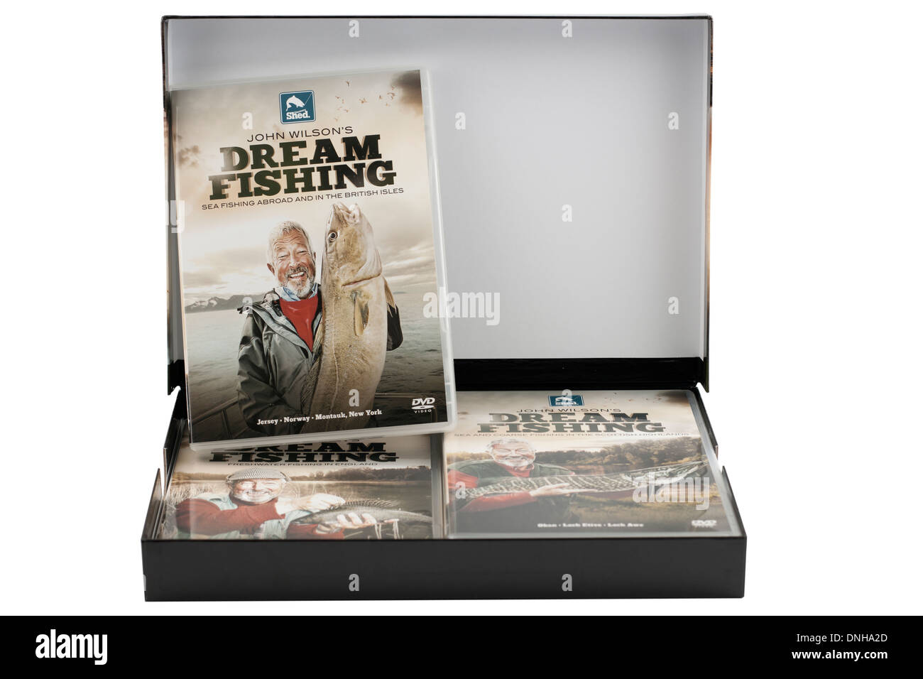 Boxed DVD Set mit 4 DVD's von John Wilsons Traum Angeln videos Stockfoto