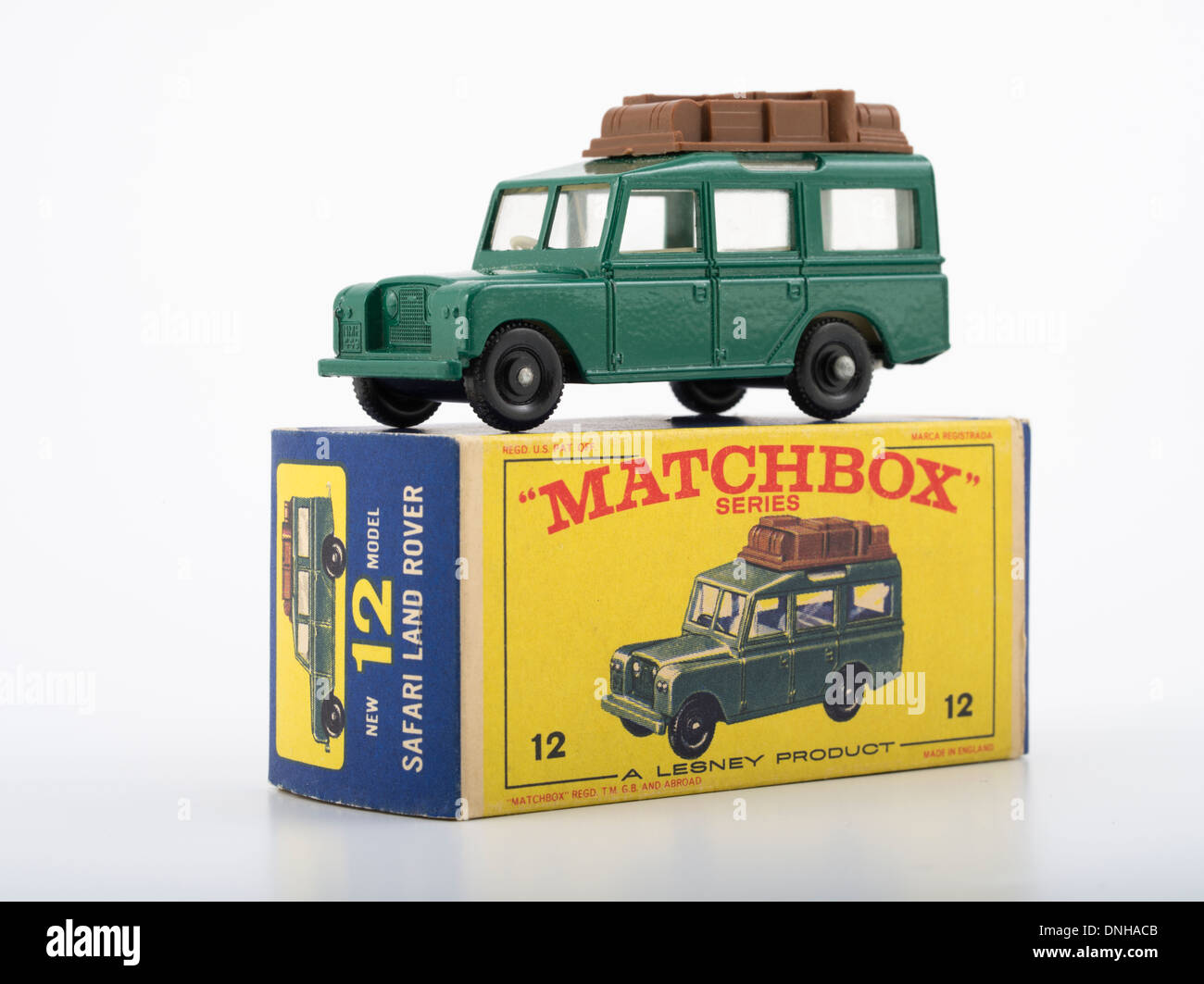 Matchbox-Druckguss Spielzeug-Autos - #12 Land Rover Safari by Lesney Produkte Großbritannien ab 1953 produziert. Stockfoto