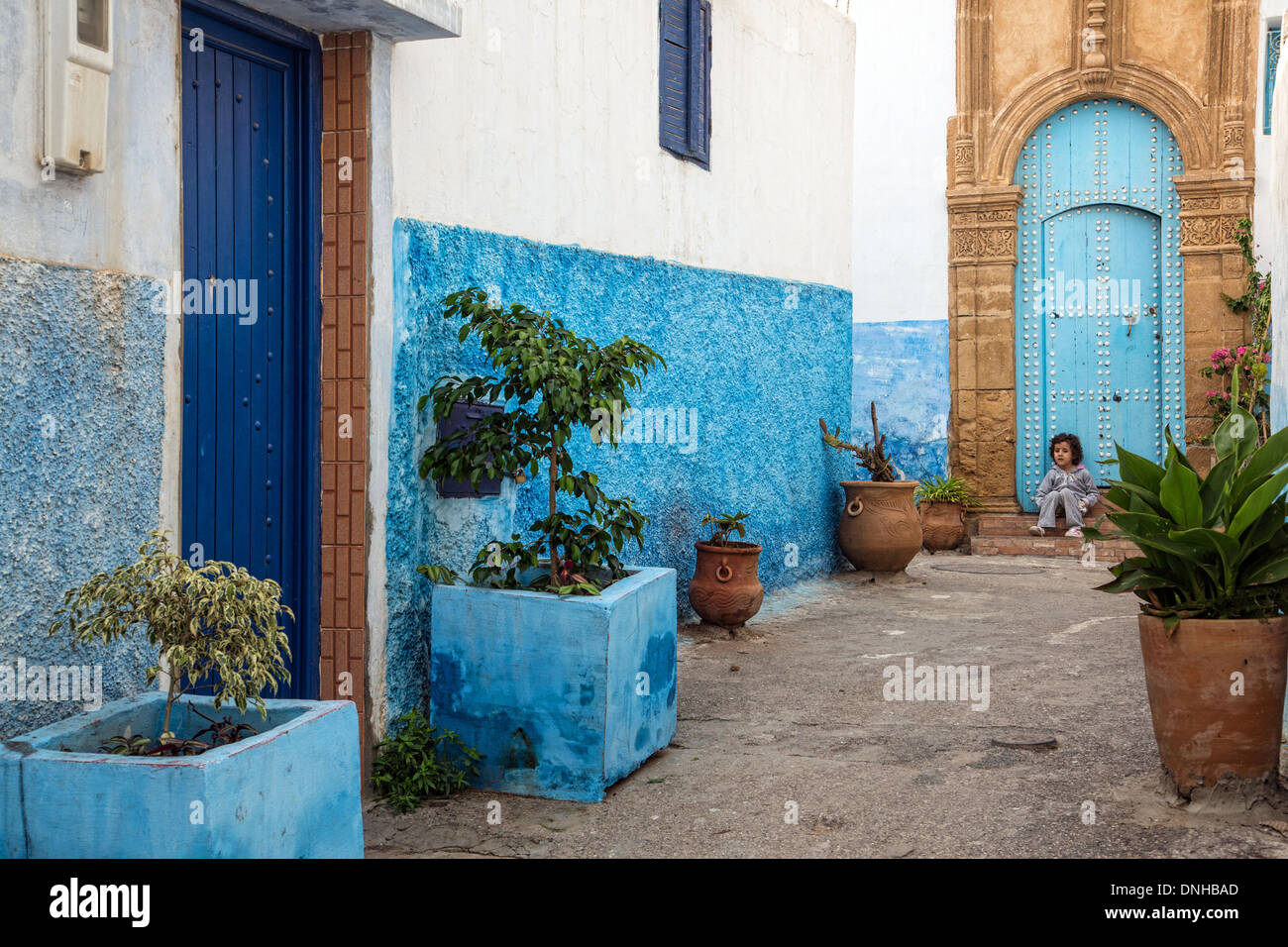 TRADITIONELLE HÄUSER MIT BLAUEN UND WEIßEN WÄNDEN IN DEN GASSEN DES OUDAYAS CASBAH, RABAT, MAROKKO, AFRIKA Stockfoto