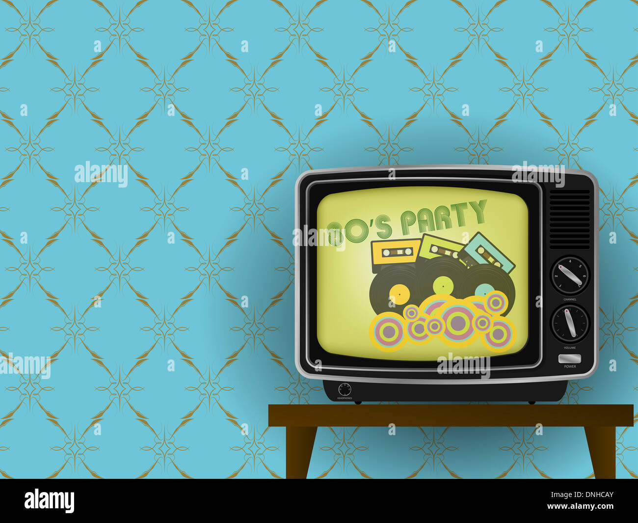 Abbildung von Retro-TV - 80er Jahre Party im Fernsehen - mit Luxus Vintage Tapete im Hintergrund - Stockfoto