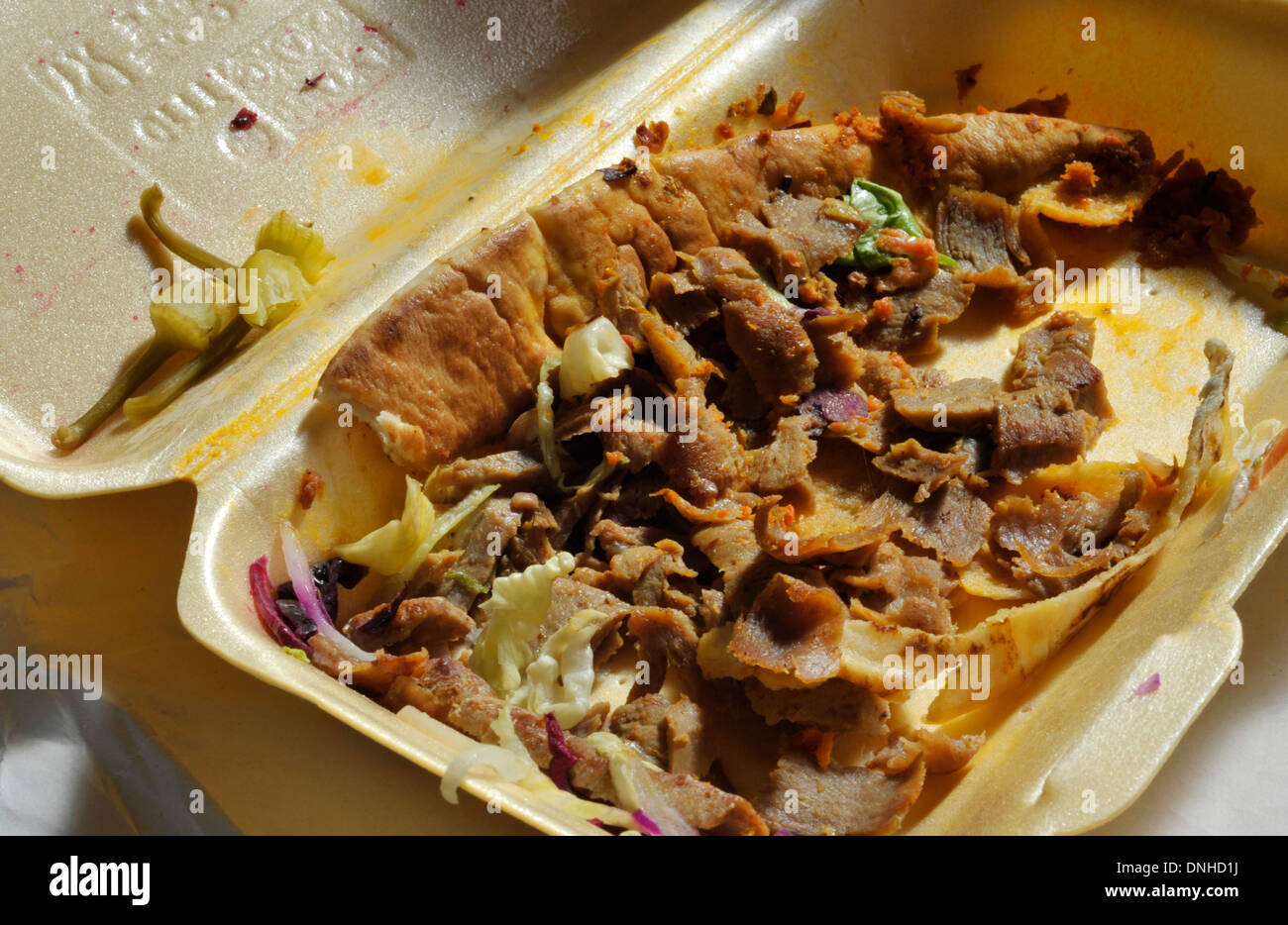 Junk-e-Fast-Food, Döner Kebap Imbiss Reste. Stockfoto