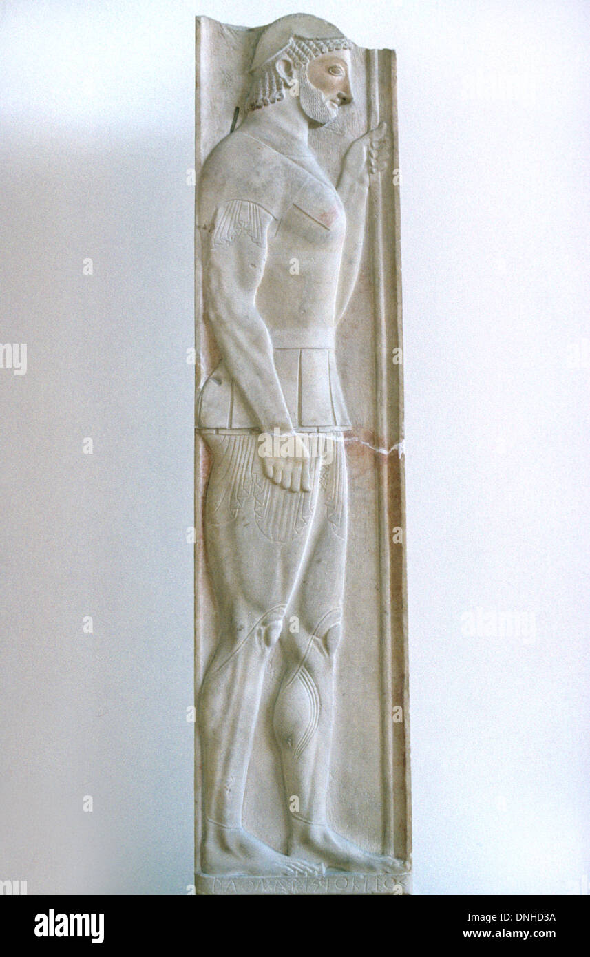 Basrelief Grab Marker Grab Stein Stele oder Stele des griechischen Krieger oder Soldat, Aristion, (c6th BC) aus Attika, Griechenland Stockfoto
