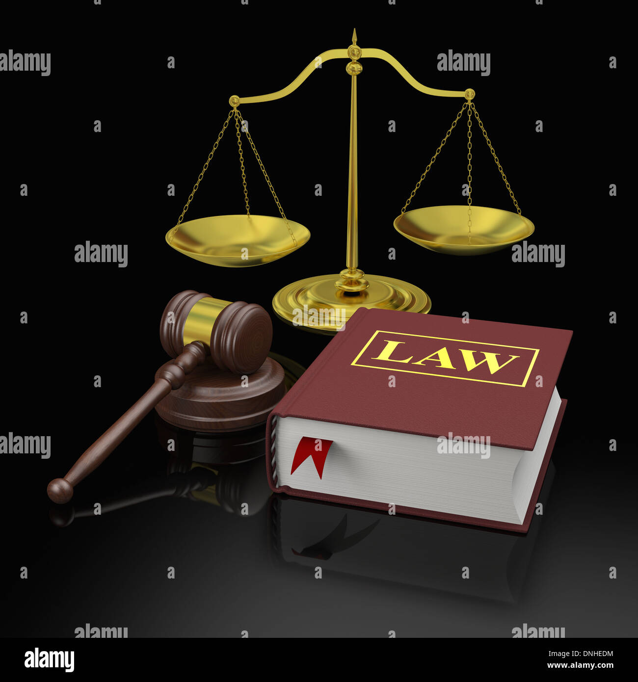 Hammer, Maßstab und Gesetz Bücher, Symbole des Rechts und der juristischen Ausbildung Stockfoto