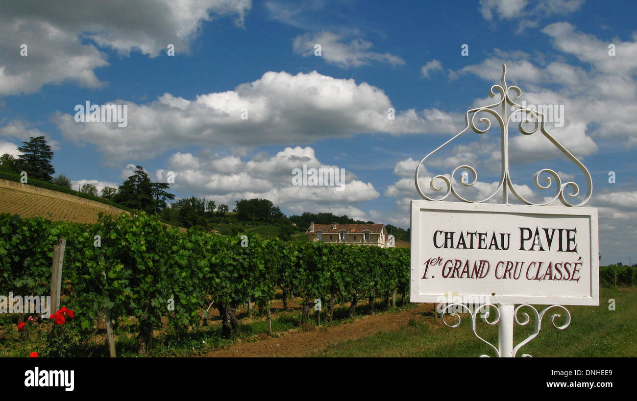 MARKER FÜR CHATEAU PAVIE, PREMIER GRAND CRU EINGESTUFT "B" VON SAINT-EMILION WEINBERGE, SAINT-EMILION (33) GIRONDE, AQUITAINE, FRANKREICH Stockfoto