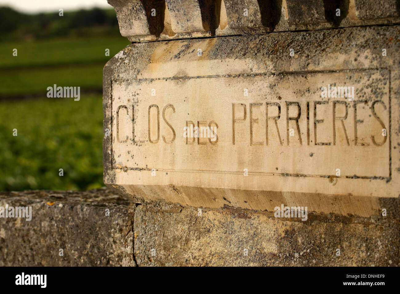 GEDENKTAFEL FÜR DEN CLOS DES PERRIERES, MEURSAULT PREMIER CRU, COTE-D ' OR (21), BURGUND, FRANKREICH Stockfoto