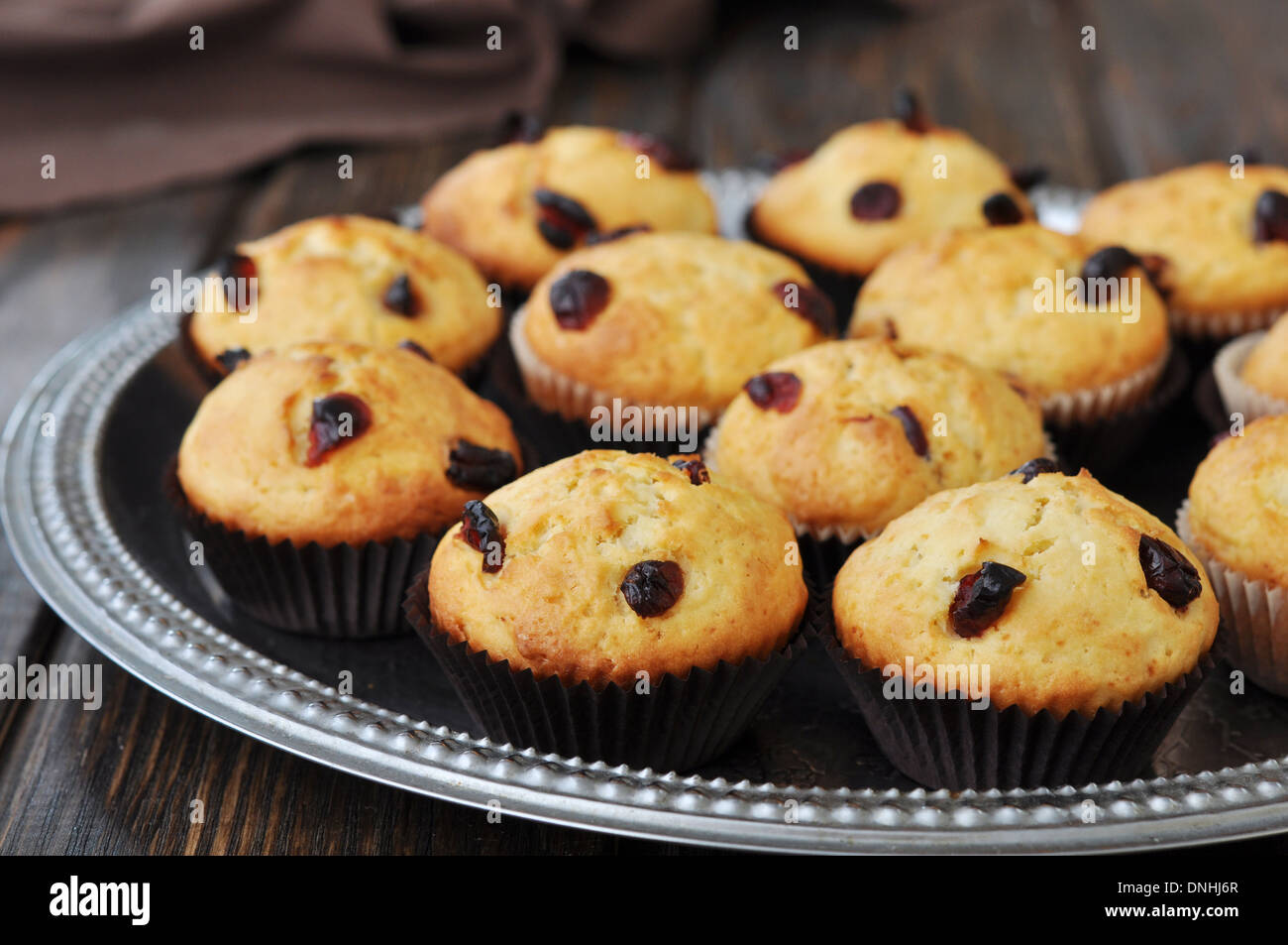 Muffins mit getrockneten Preiselbeeren auf Vintage Tablett closeup Stockfoto