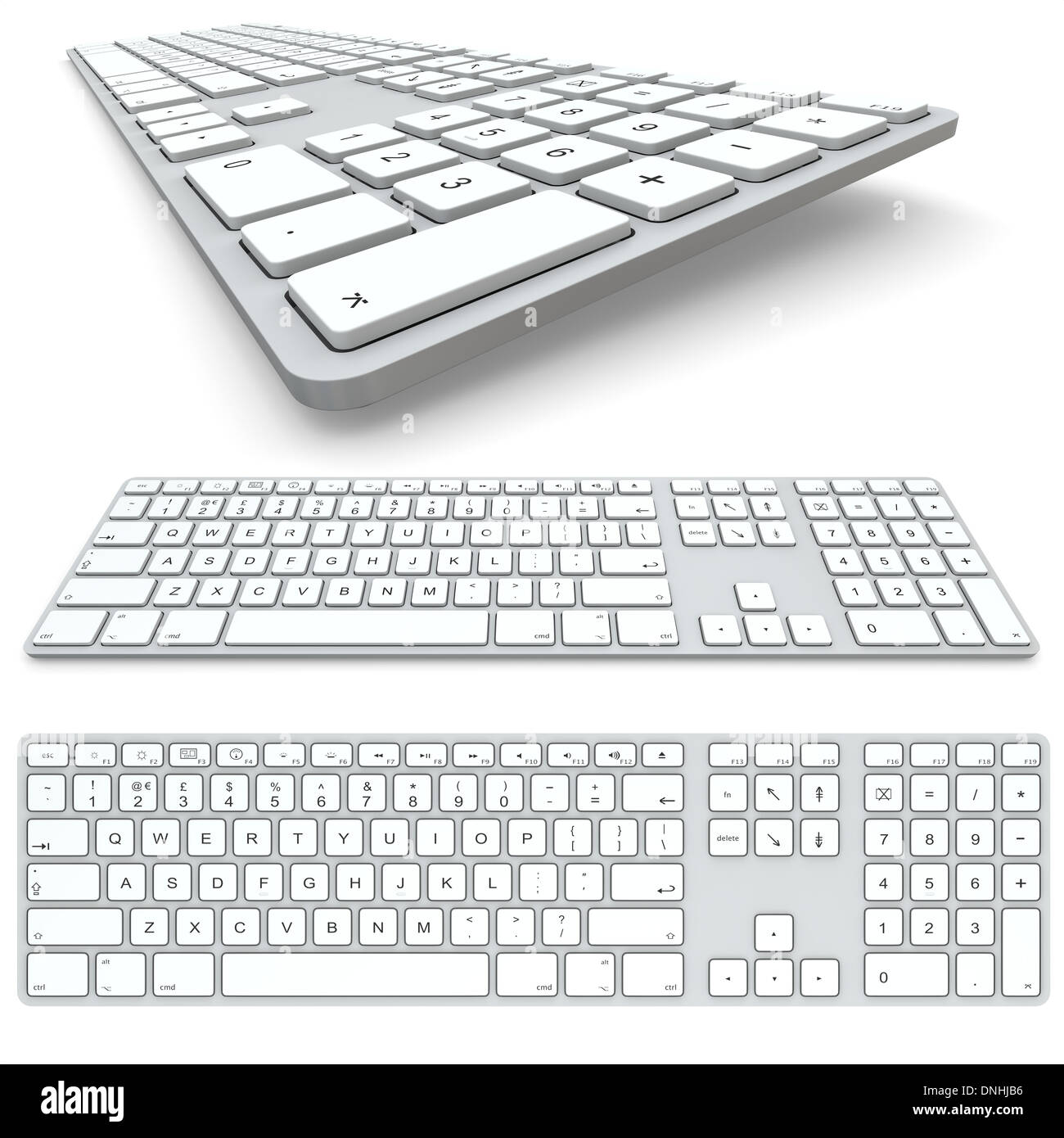 Computer-Tastatur isoliert auf weißem Hintergrund. Draufsicht, Vorderansicht und hautnah. Stockfoto