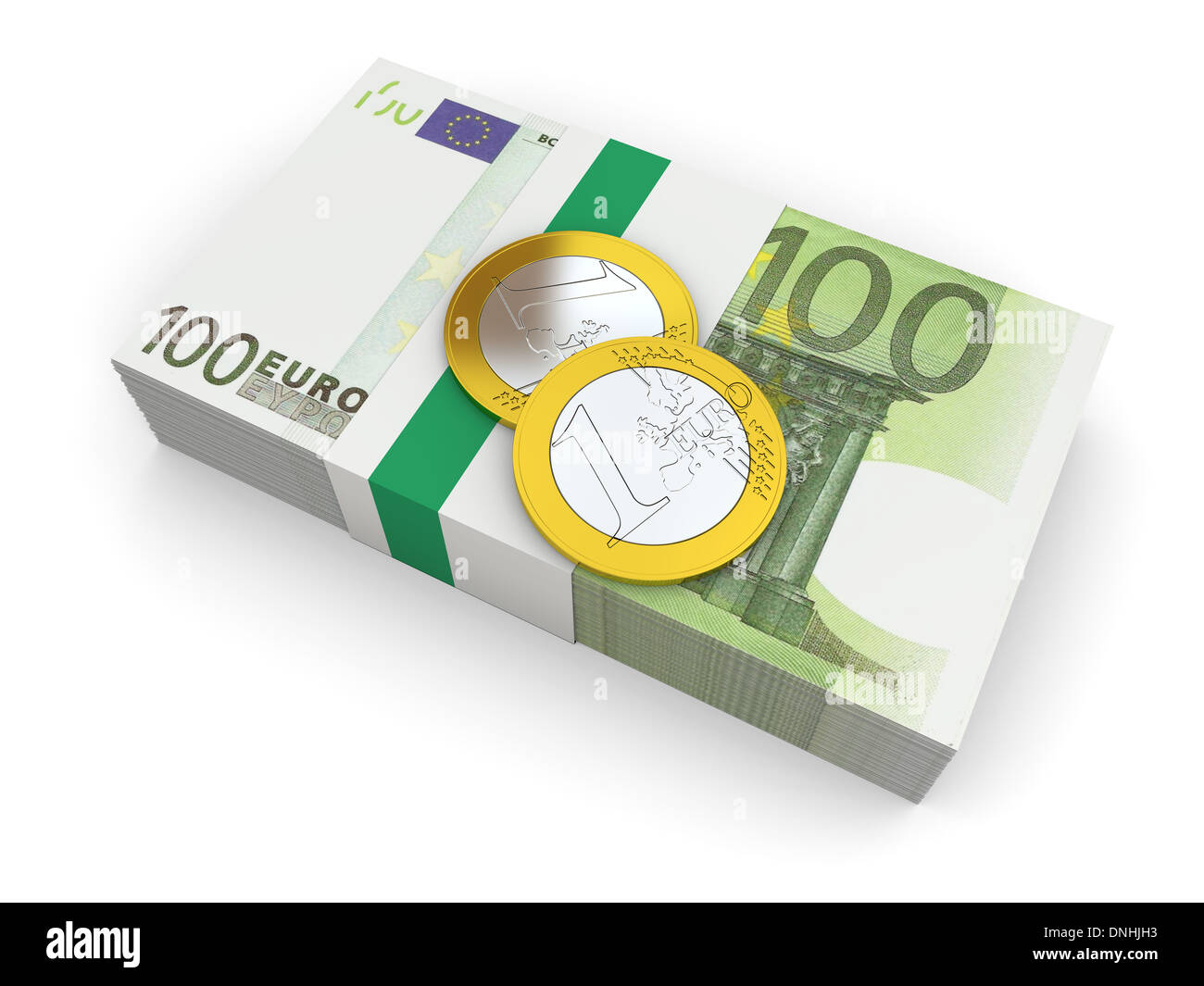 Haufen von Euro-Banknoten mit paar Münzen, Symbol der Euro-Währung, isoliert auf weißem Hintergrund Stockfoto