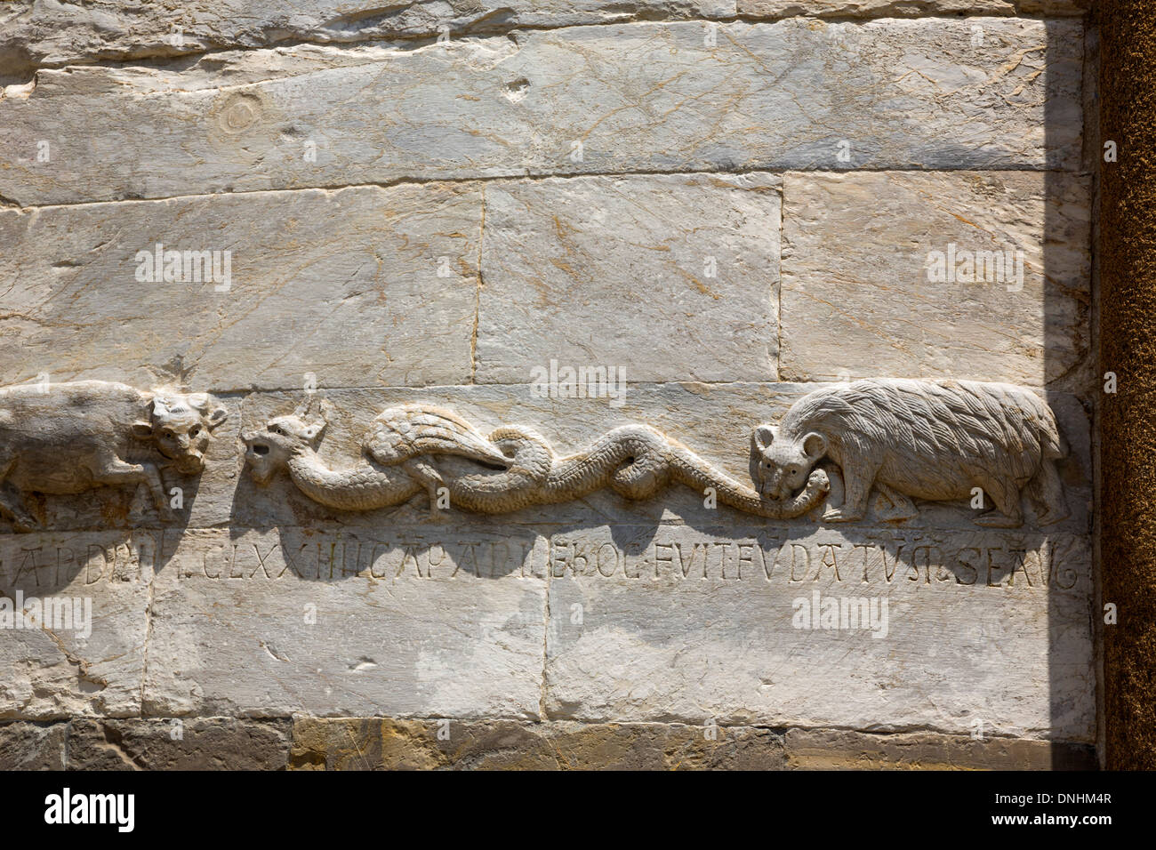 Detail des Schnitzens an der Wand, der schiefe Turm von Pisa, Piazza Dei Miracoli, Pisa, Toskana, Italien Stockfoto
