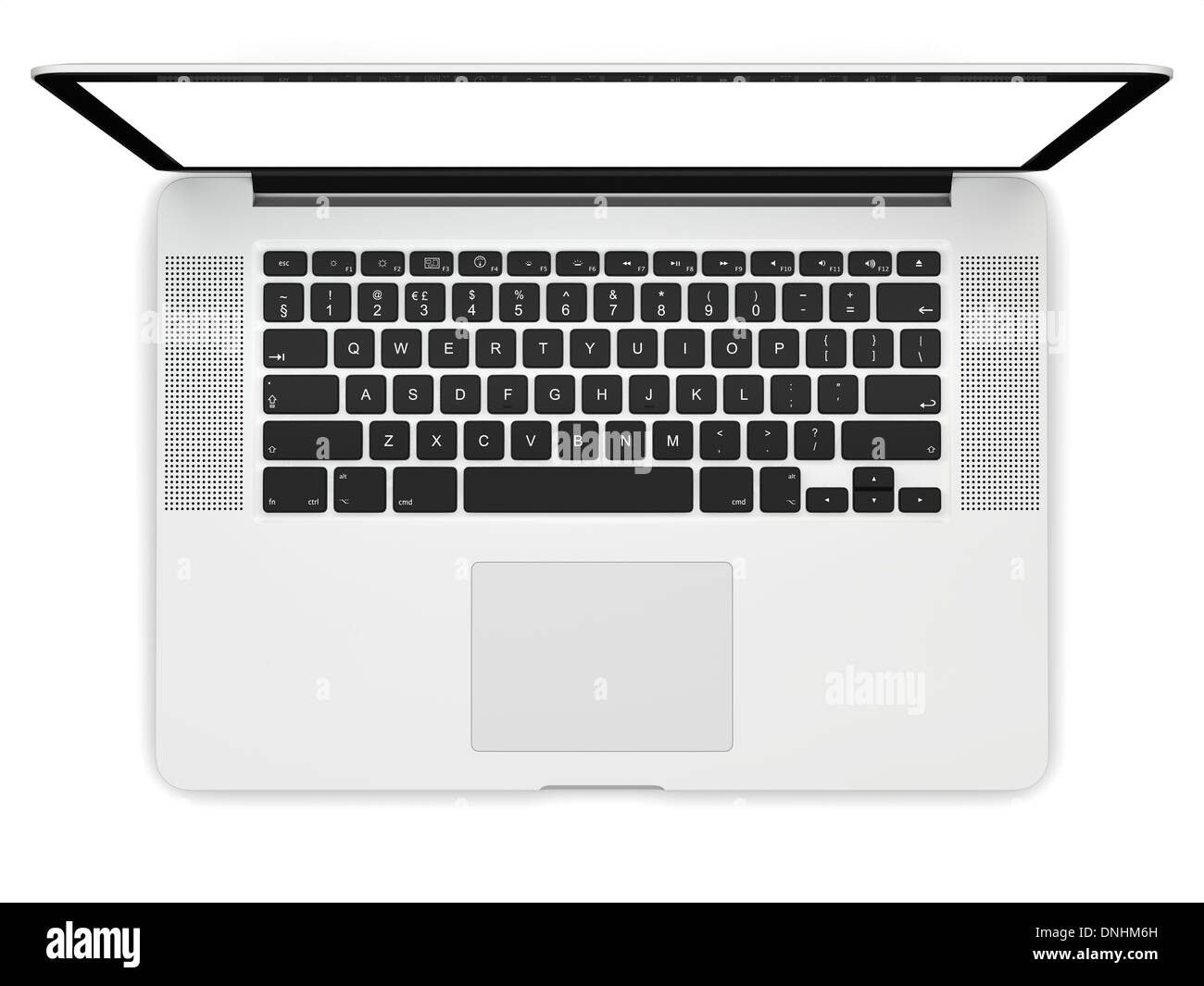 Laptop Computer leeren weißen Bildschirm isoliert auf weißem Hintergrund von oben betrachtet Stockfoto