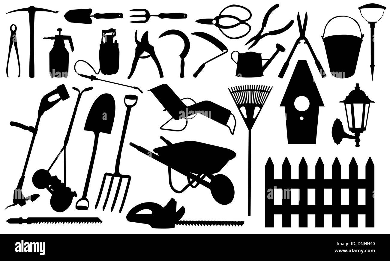 Reihe von verschiedenen Gartengeräte isoliert Stockfoto