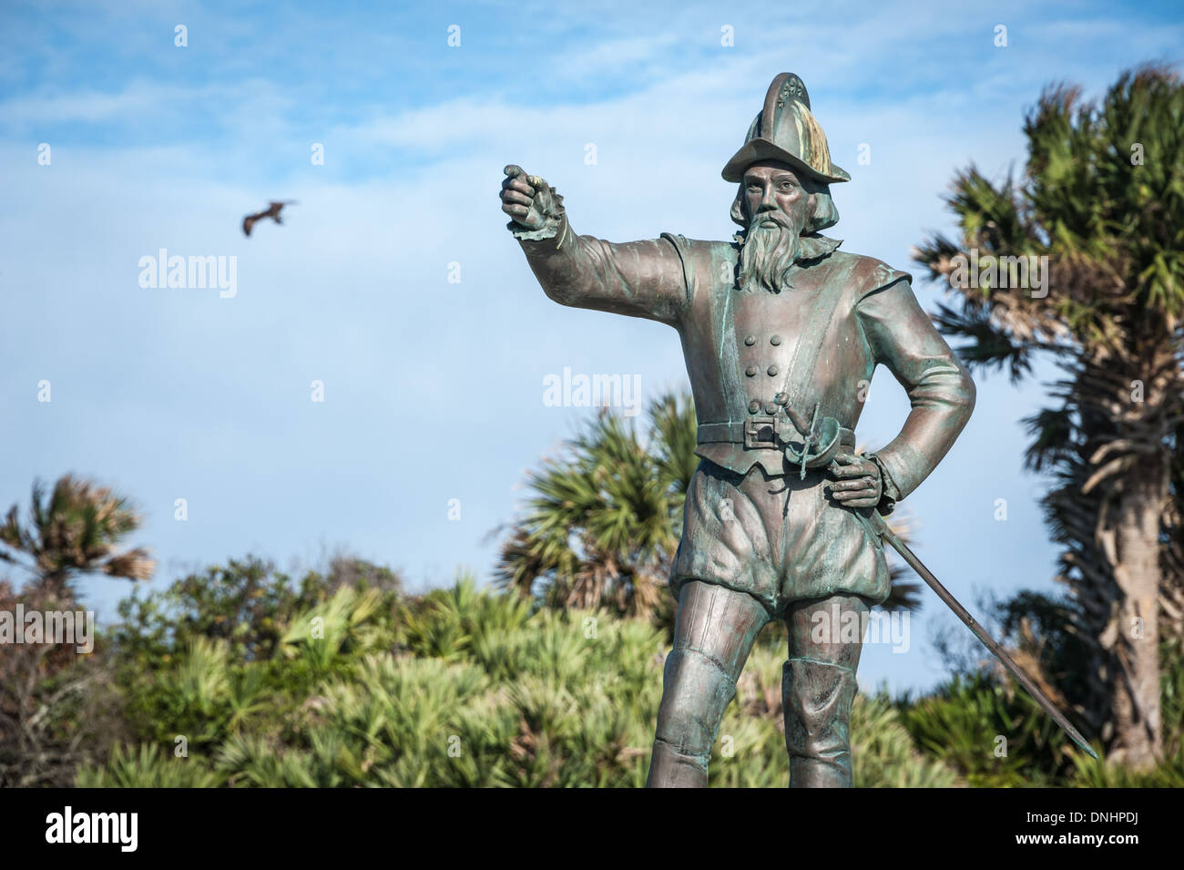 Die Juan Ponce de Leon Statue markiert den Ort am Ponte Vedra Beach, wo der spanische Entdecker zum ersten Mal an Floridas Küste landete. (USA) Stockfoto