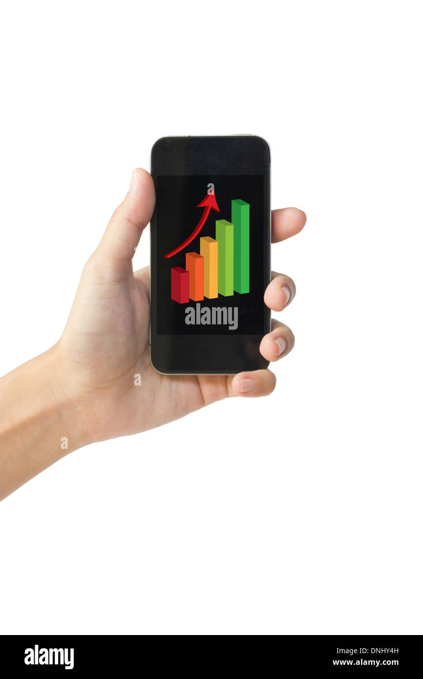 Erfolg-Wachstums-Chart auf Touch-Handy, Isolated On White Stockfoto
