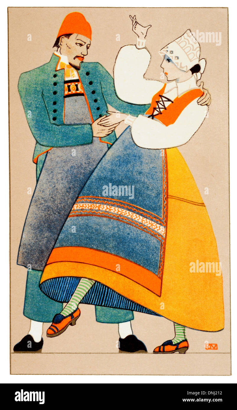 Schweden traditionelle Kostüm Anfang des 20. Jahrhunderts Lithographie Stockfoto