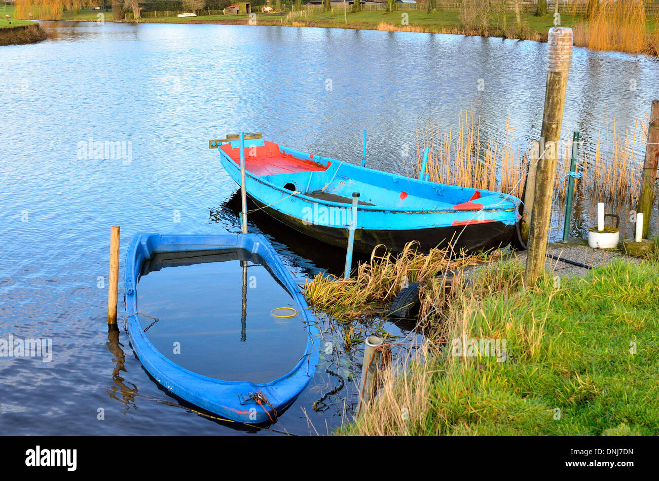 Alte blaue versunkenen Boot auf dem Fluss Leie (Lys) ist, Belgien Stockfoto