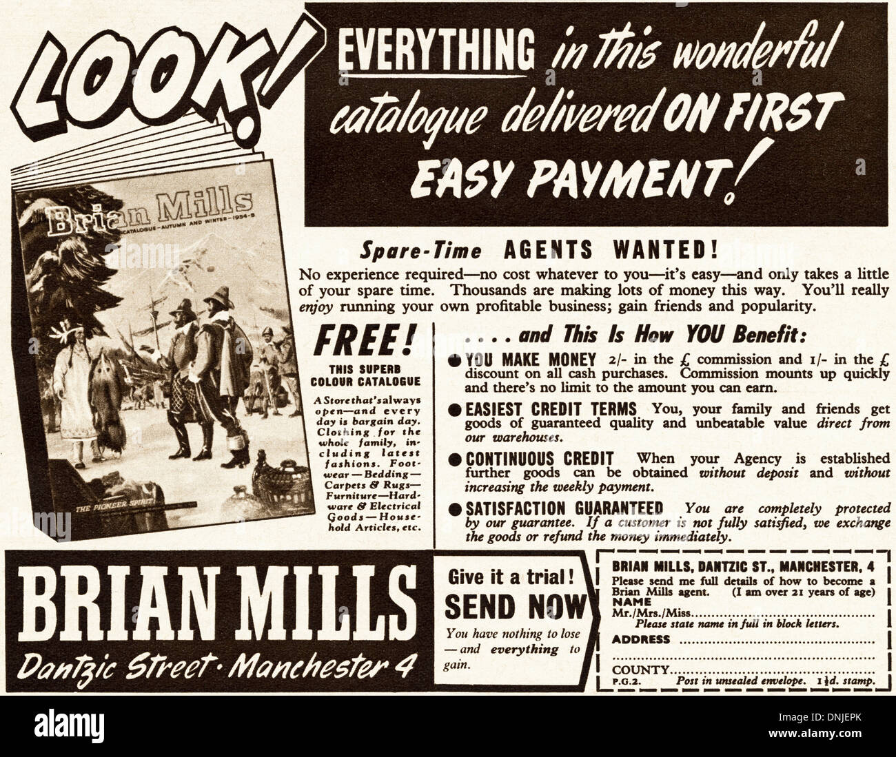 1950er Jahre Magazin Werbung Werbung BRIAN MILLS Katalog Stockfoto