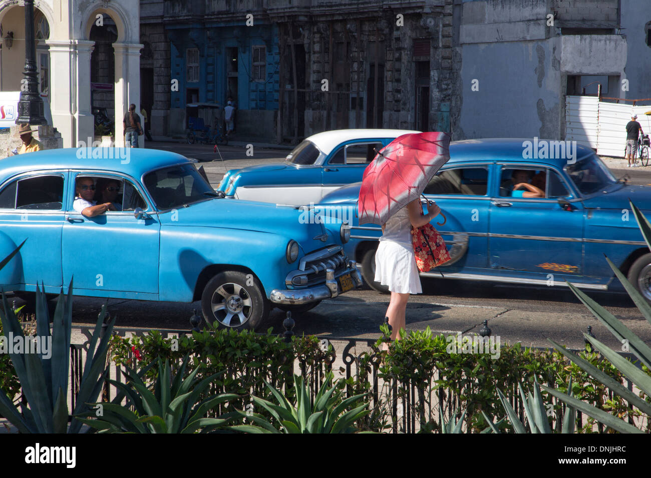 STRAßENSZENE MIT ALTEN AMERIKANISCHEN AUTOS, HAVANNA, KUBA, KARIBIK Stockfoto
