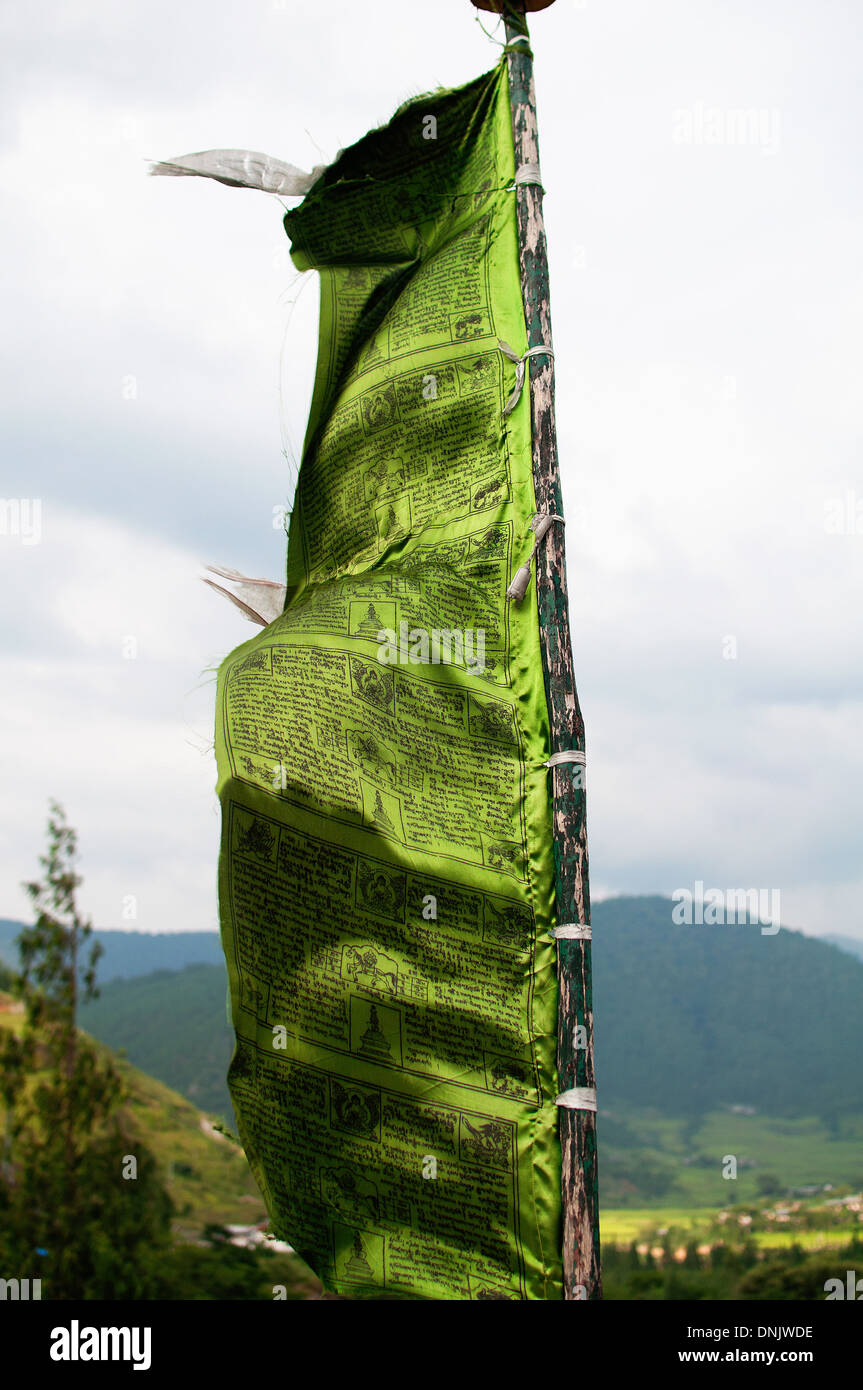 Vertikale grüne Gebetsfahne in Bhutan Stockfoto