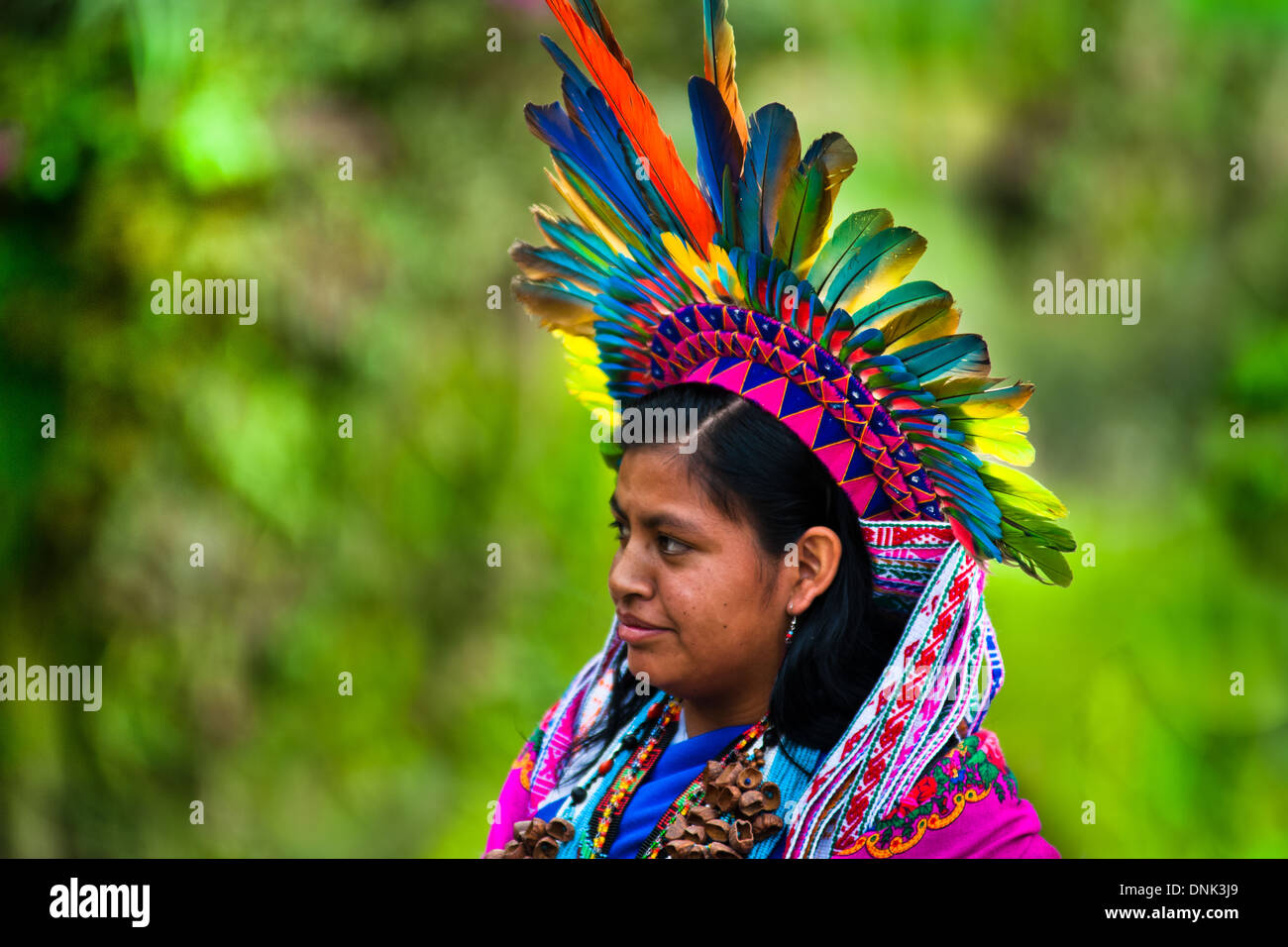 Gebürtig aus dem Kamentsá Stamm, tragen eine bunte Feder Kopfschmuck, beteiligt sich an den Karneval in Sibundoy, Kolumbien. Stockfoto
