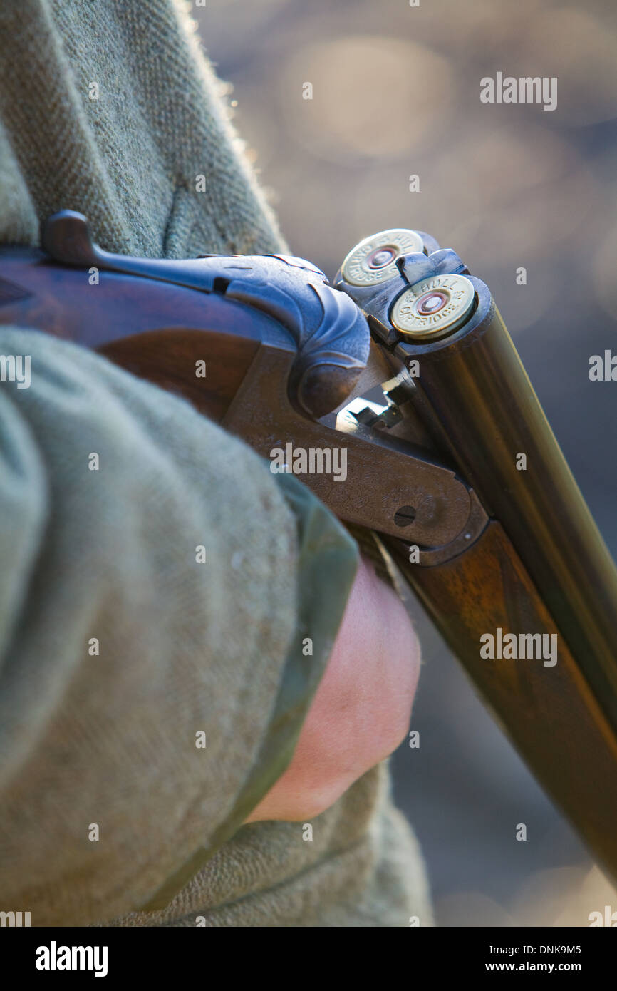 A Mann hält eine 12 Bohrung oder Schrotflinte auf einem Fasan schießen in England zu messen Stockfoto