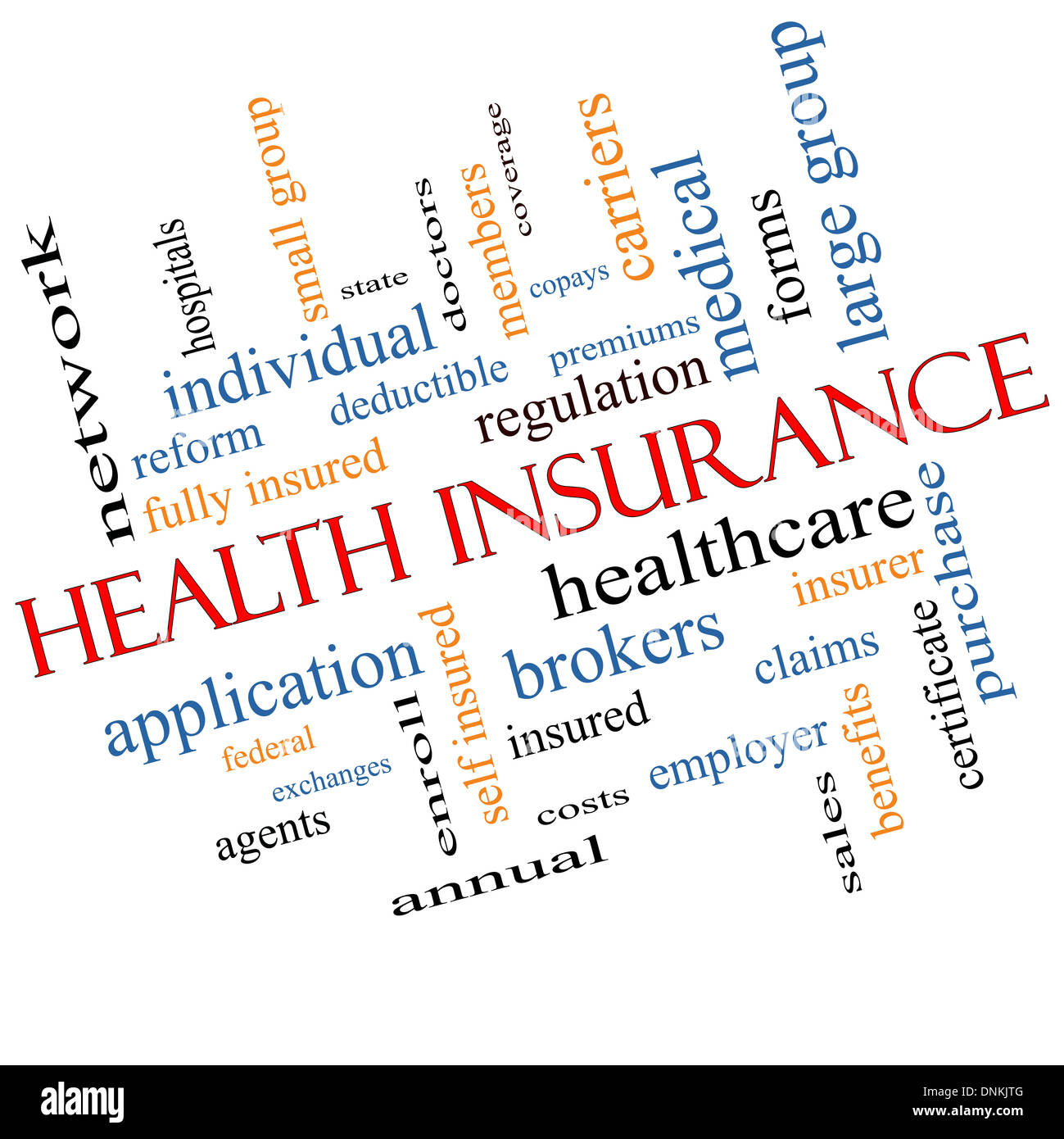 Krankenversicherung-Wort-Cloud-Konzept abgewinkelt mit großen Begriffe wie Gesundheitswesen, Reform, einschreiben, Ansprüche und vieles mehr. Stockfoto