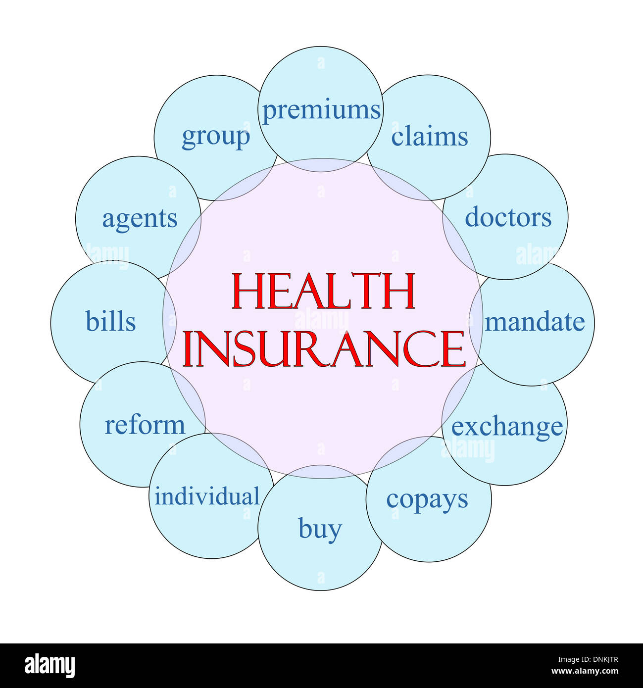 Krankenversicherung-Konzept kreisförmige Darstellung in Pink und blau mit großen Begriffe wie Premium, Ansprüche, Mandat und vieles mehr. Stockfoto