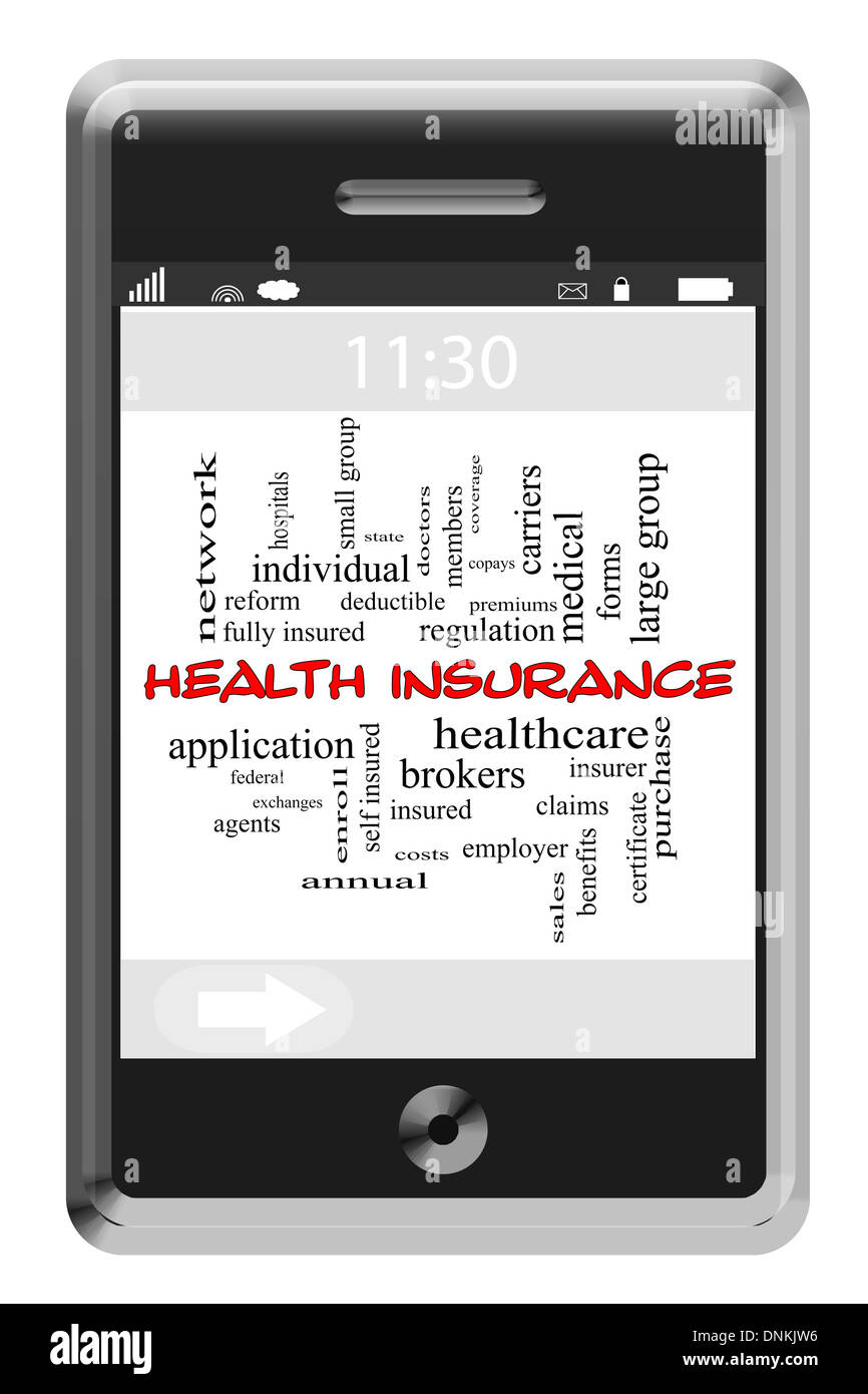 Health Insurance Word Cloud Konzept des Touchscreen-Handy mit großen Begriffe wie Gesundheitswesen, Reform, Prämien und vieles mehr. Stockfoto