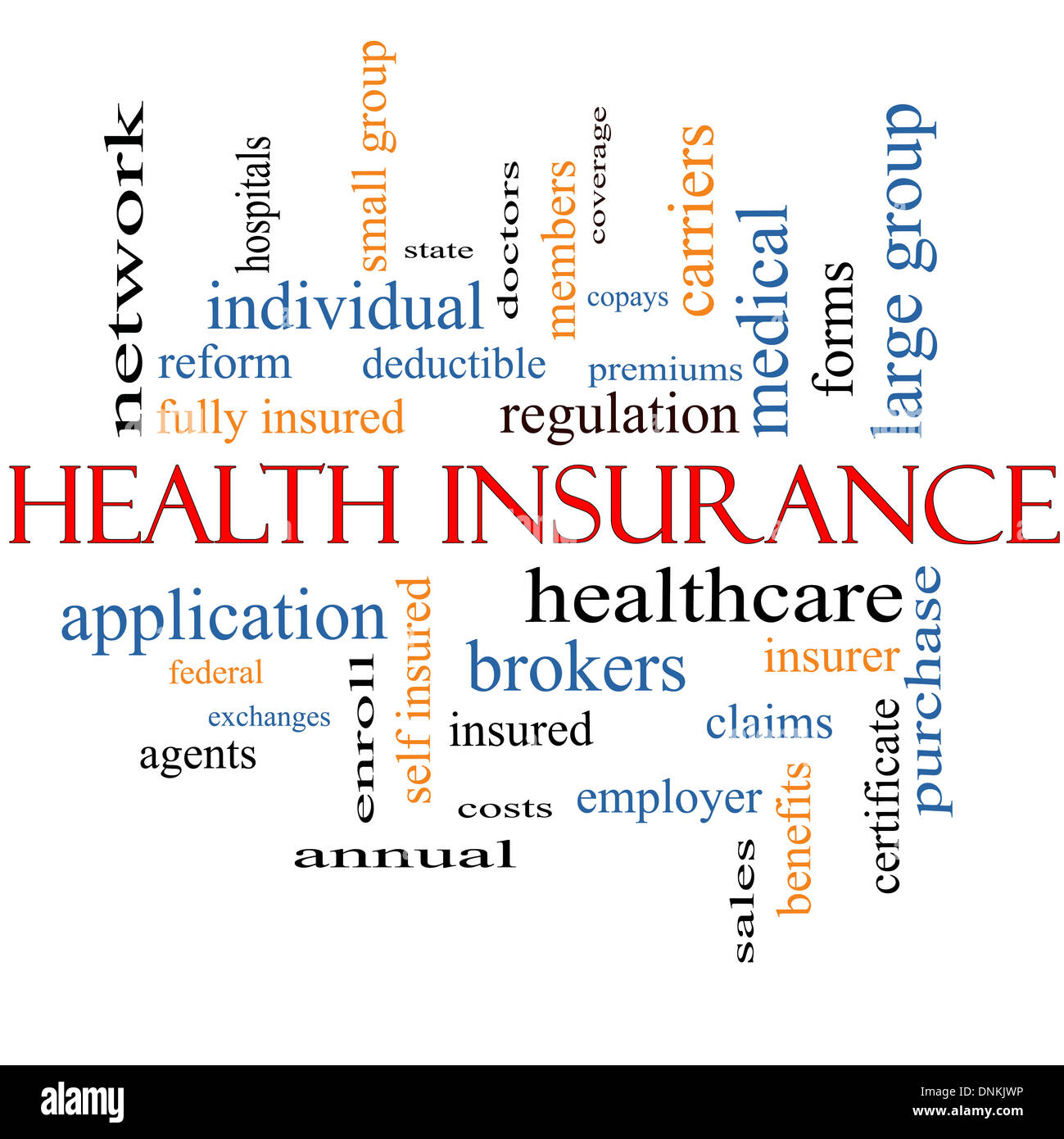 Health Insurance Word Cloud-Konzept mit großen Begriffe wie Gesundheitswesen, zu reformieren, einschreiben, Ansprüche und vieles mehr. Stockfoto