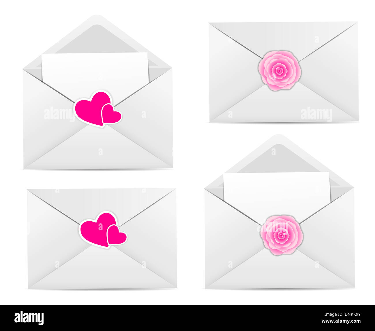 Karte zum Valentinstag mit Umschlag, Herz und Rose Blume Vektor-Illustration Stockfoto