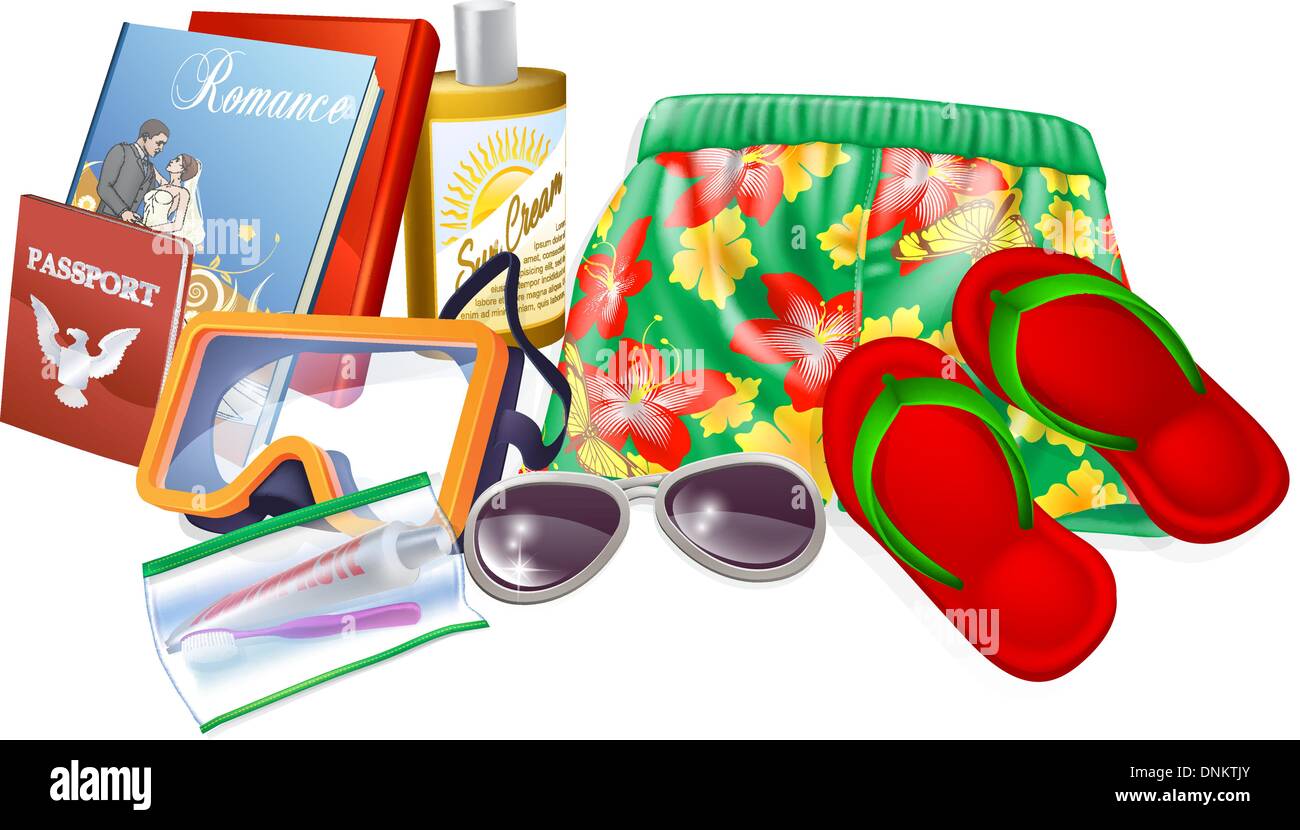 Urlaub-Essentials-Illustrationen. Wichtig für einen Sommerurlaub, Urlaub oder Reise zu packen. Enthält Sonnencreme, Sonnenbrille Stock Vektor