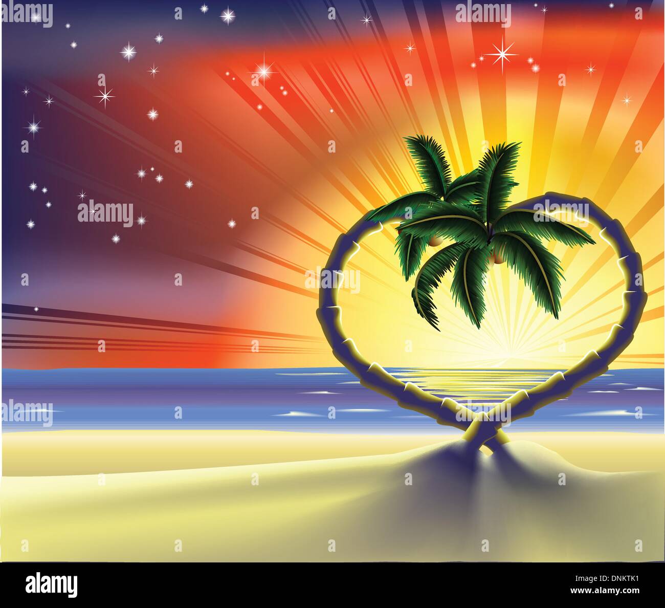 Beispiel für einen romantischen Strand-Szene mit herzförmigen Palmen bei Sonnenuntergang Stock Vektor