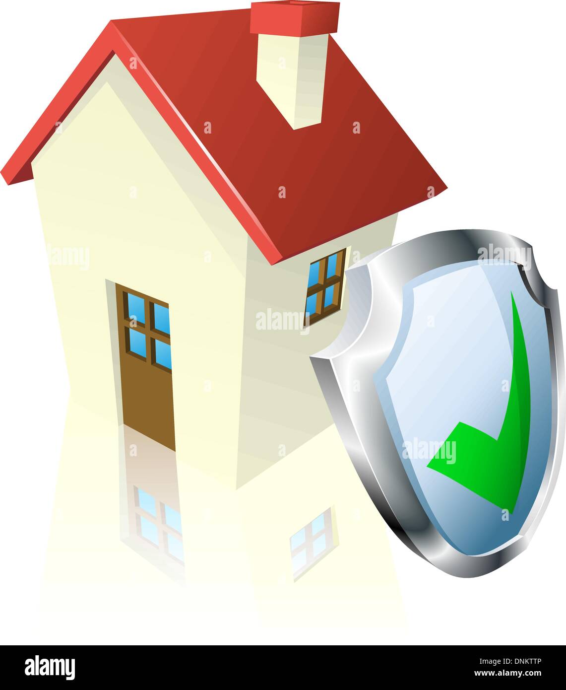 Haus mit Schild und grüne Häkchen zeigt an, dass es versicherte, sicher oder garantiert ist Stock Vektor