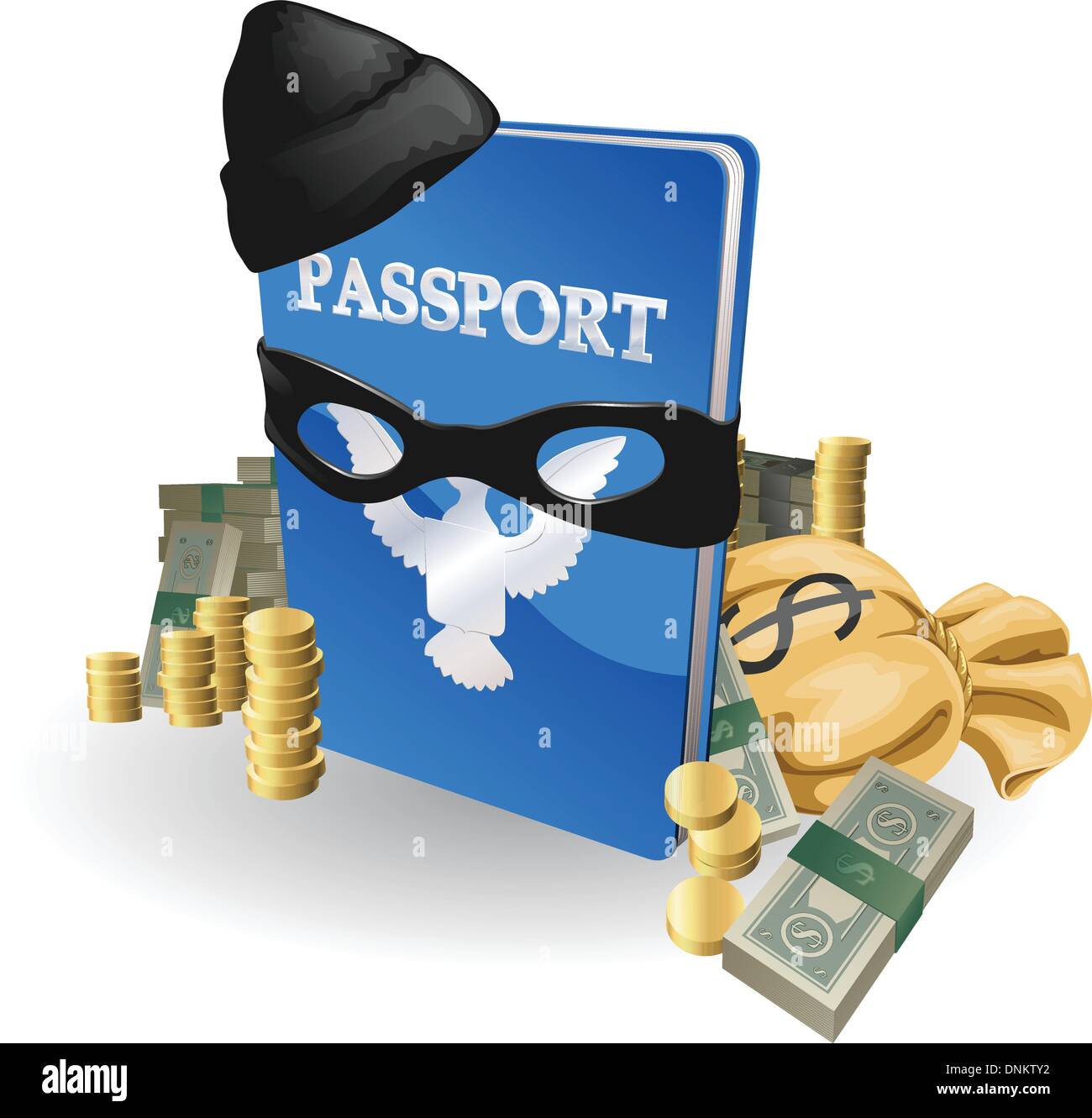 Identity Theft-Konzept. Pass mit dem Einbrecher Outfit umgeben von Stapel von Geld tragen. Stock Vektor