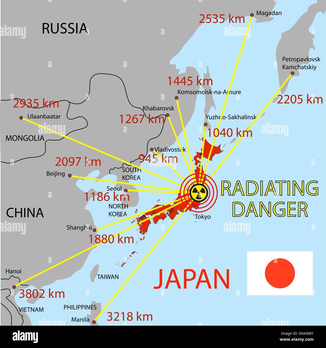 Japan-Karte mit der Gefahr auf ein Atomkraftwerk Stock Vektor
