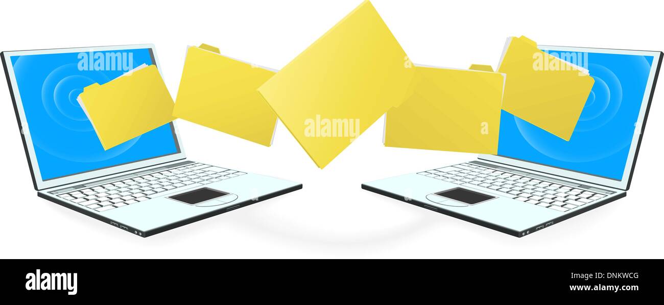 Zwei Laptops mit Datei, Ordner oder Dokumente untereinander übertragen Stock Vektor
