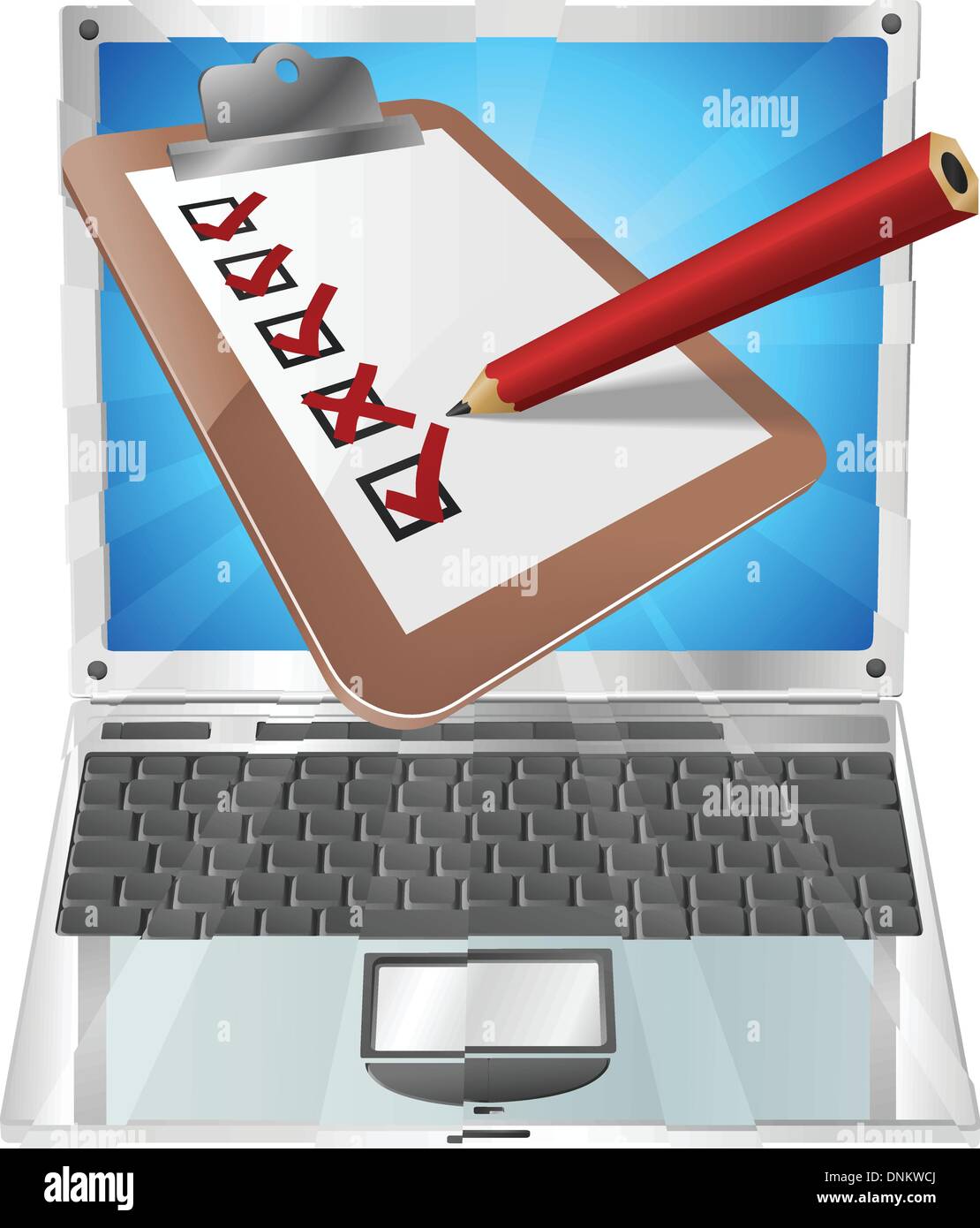 Eine Illustration der Zwischenablage mit Bleistift markieren auf Laptop-Bildschirm aus. Vielleicht eine Online-Umfrage, Umfrage, o Stock Vektor