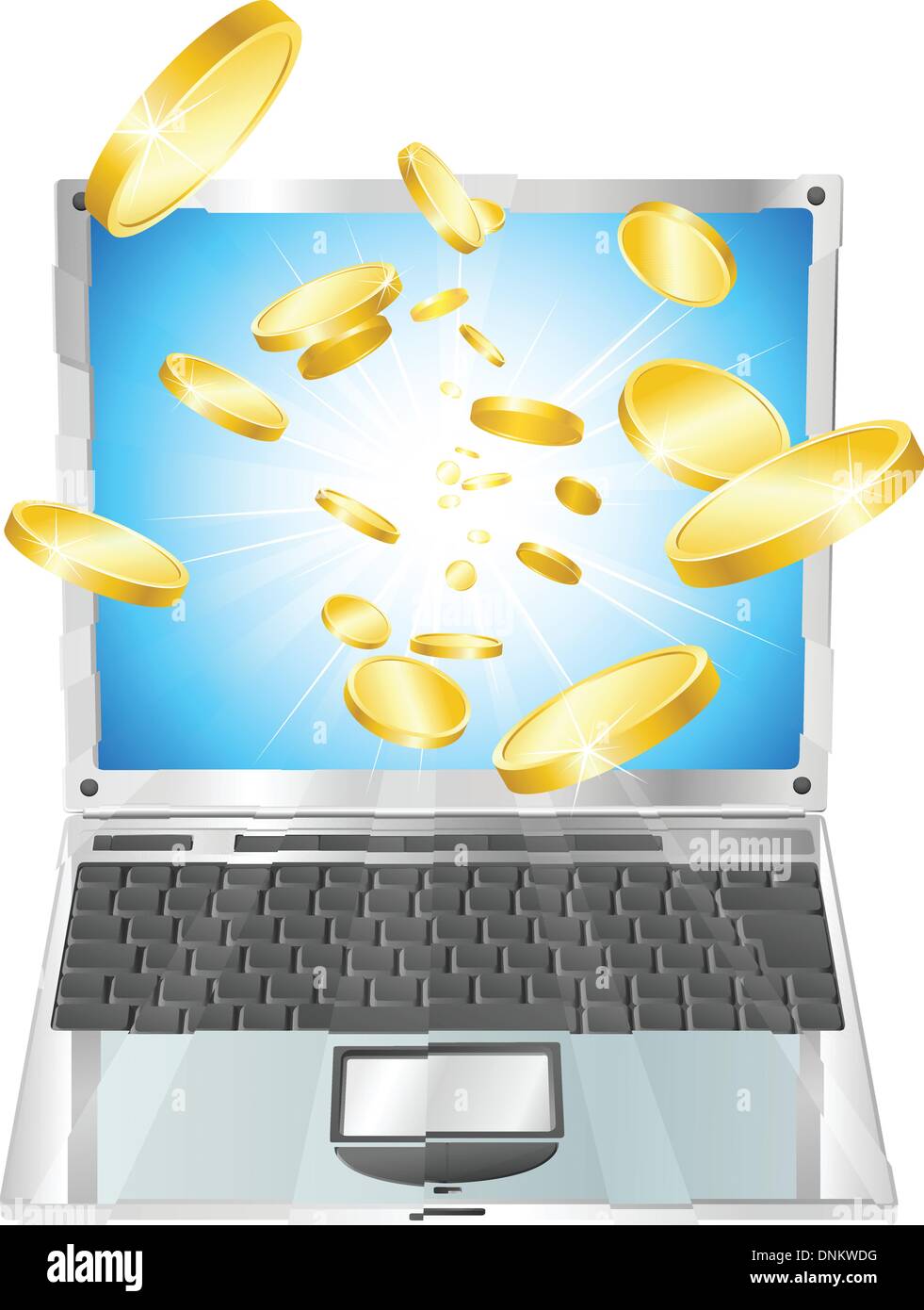 Konzeptionelle Darstellung. Geld in Form von Goldmünzen herausfliegen Laptop-Computer. Stock Vektor
