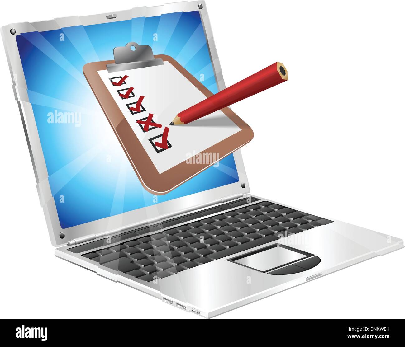 Eine Illustration der Zwischenablage mit Bleistift markieren auf Laptop-Bildschirm aus. Vielleicht eine Online-Umfrage, Umfrage, o Stock Vektor