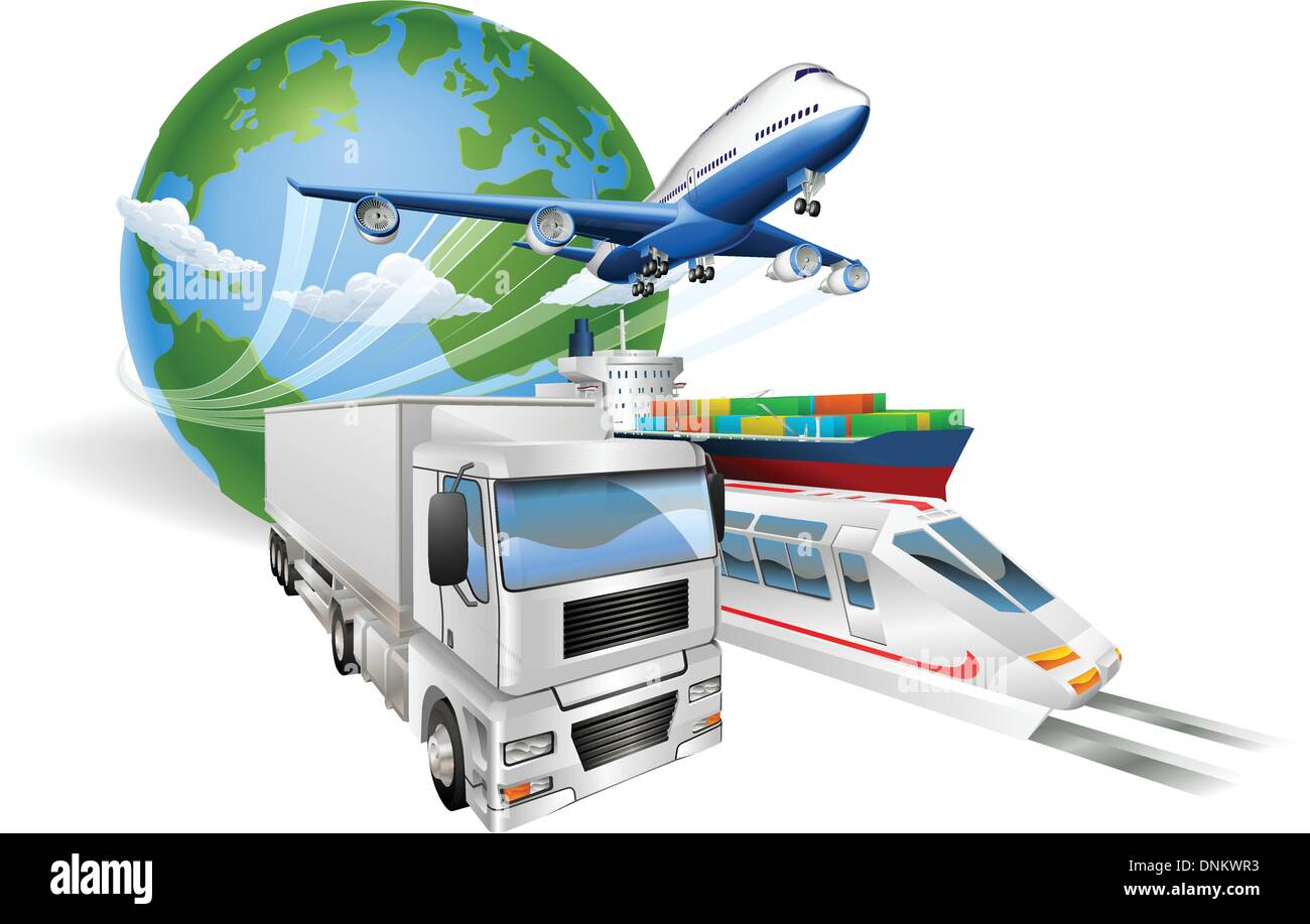 Globale Logistik Konzept Abbildung... Globus, Flugzeug (Flugzeug), LKW, Bahn und Fracht Containerschiff. Stock Vektor