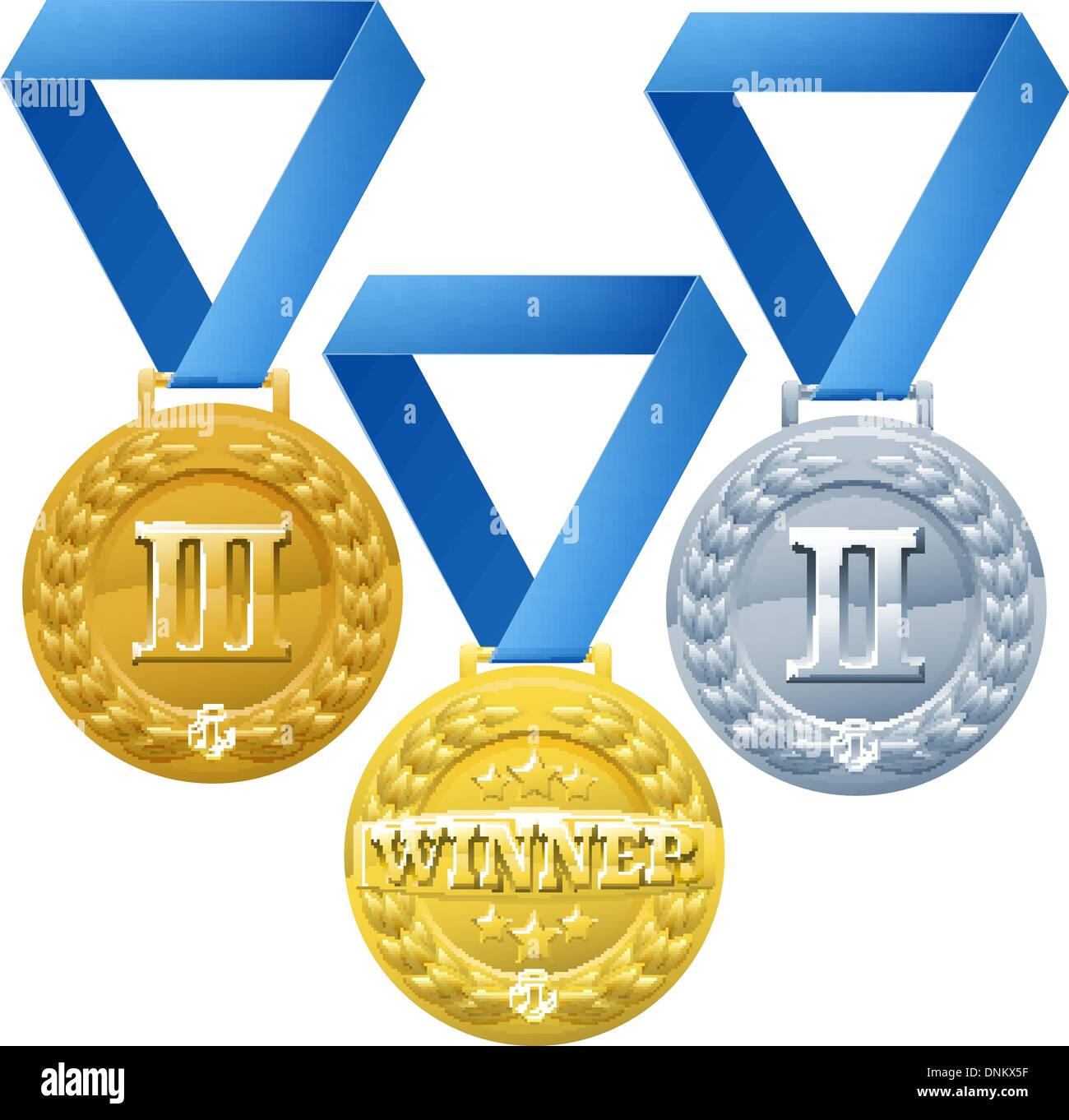 Abbildung der drei Medaillen auf blauen Bändern. Bronze, Silber und Gold Award Gewinner Stock Vektor