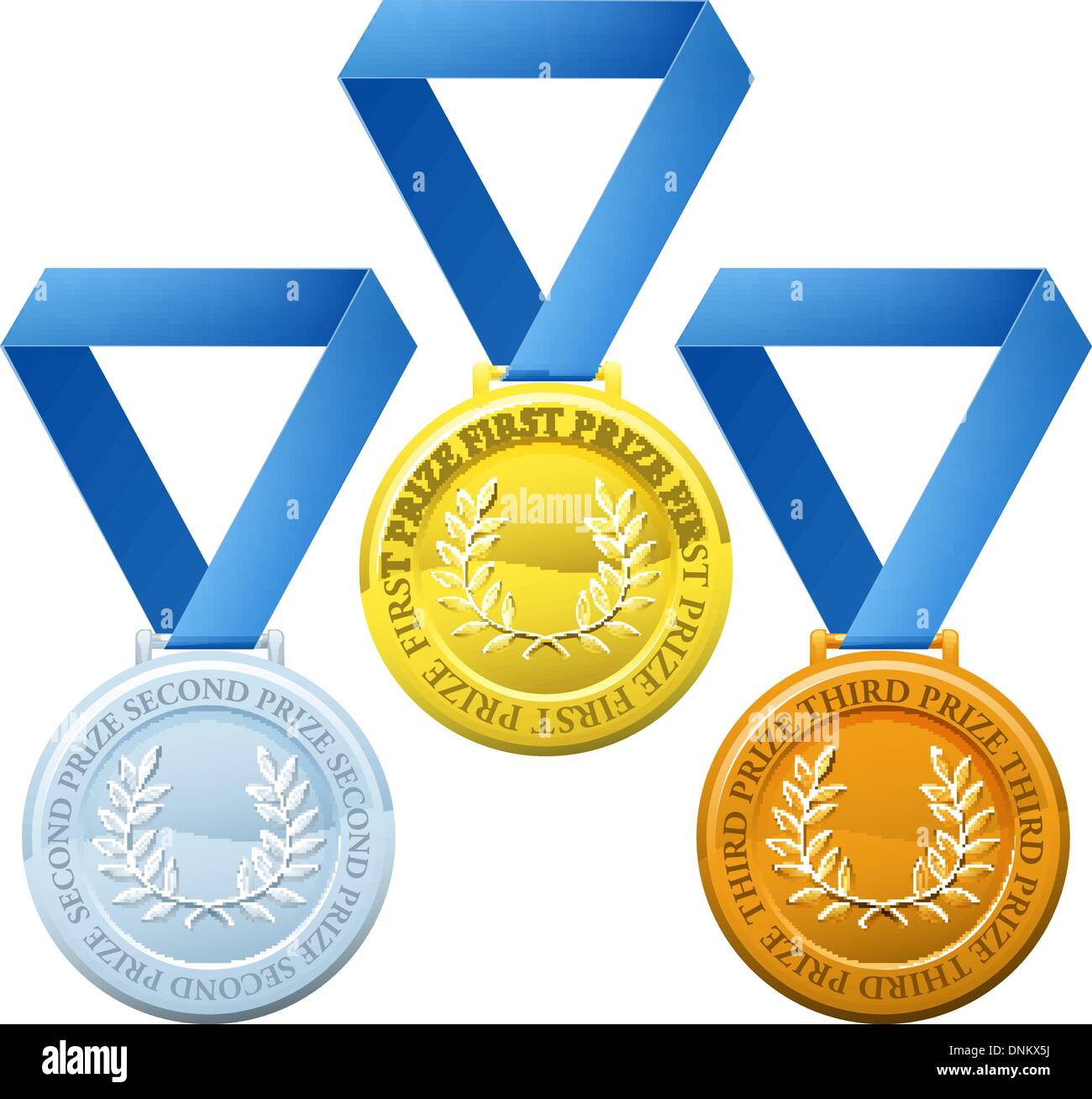Illustration der drei Gewinner-Sport-Stil Medaillen für die ersten, zweiten und dritten Preis Stock Vektor